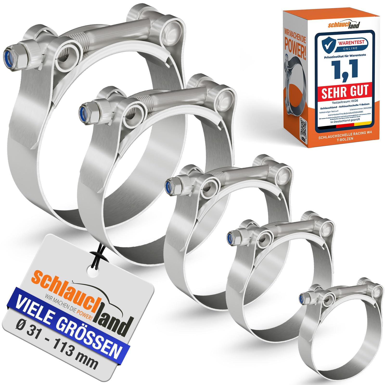 9 Stück | EDELSTAHLSCHELLE SCHLAUCH-SCHELLE W4 Ø 87-95mm | Edelstahl INOX V2A 1.4301 rostfrei | AUSWAHL 31-113mm & 10/20/50/100er Pack | T-Bolzen Gelenkbolzenschelle Spannbacken Rohr PREMIUM