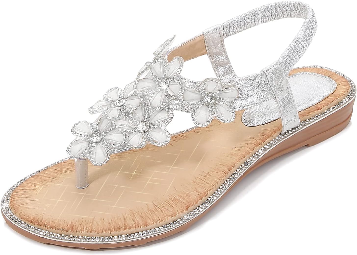 iCKER Women's Ankle Strappy Gladiator Sandals Beach Bohemia Thong Flat Sandal Shoes-PD05-Silver-7.5