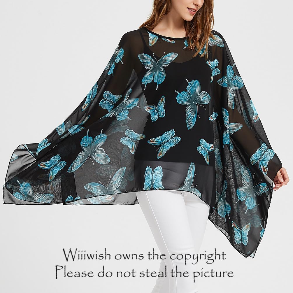 Wiiiwish Women's Loose Solid Long Batwing Sheer Chiffon Caftan Wrap Poncho Tunic Top Topper - Image 2
