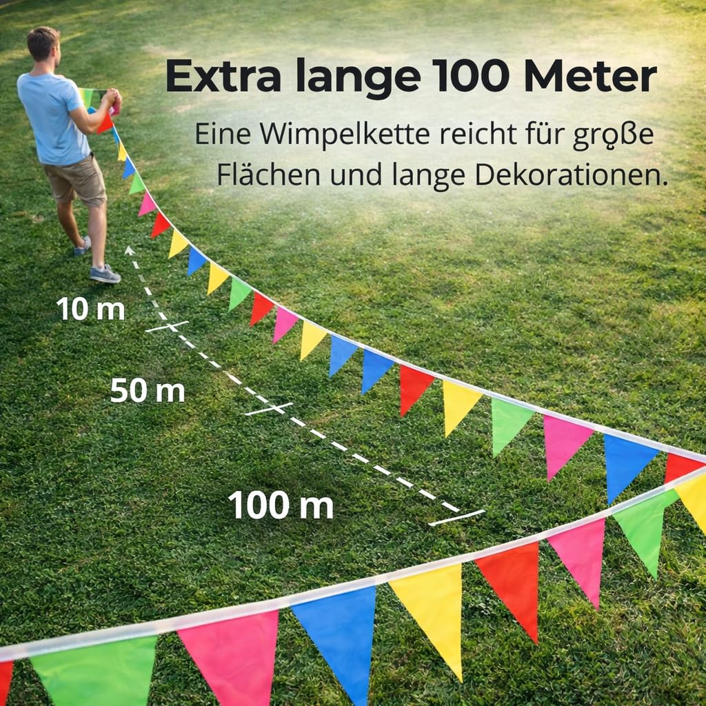 FESTIFUN Guirlande de fanions multicolores de 100 m - XXL - En tissu
