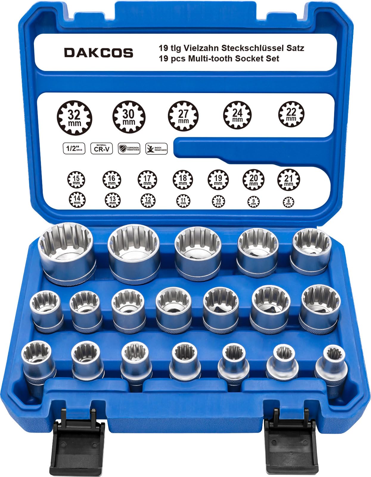 Dakcos 19Pcs Spline Socket Set - 1/2" Multi-Tooth Socket Set, Metric 8-32Mm, Cr-V, Mat Chrome Finish Small