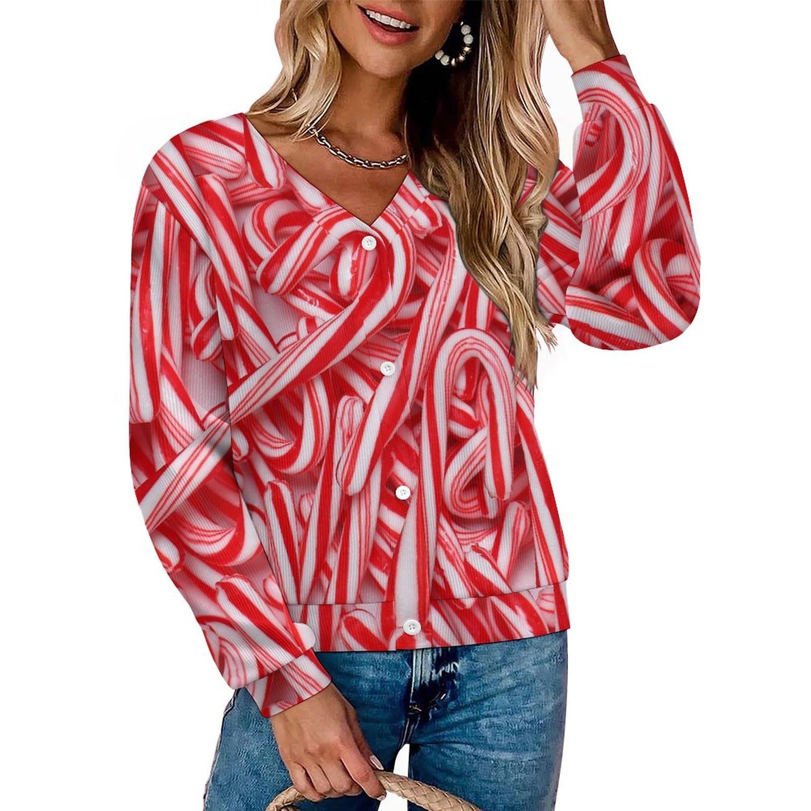 Womens Button Down Long Sleeve Cardigan Peppermint Candy Canes Christmas V Neck Drop Shoulder Knitted Sweater Coat