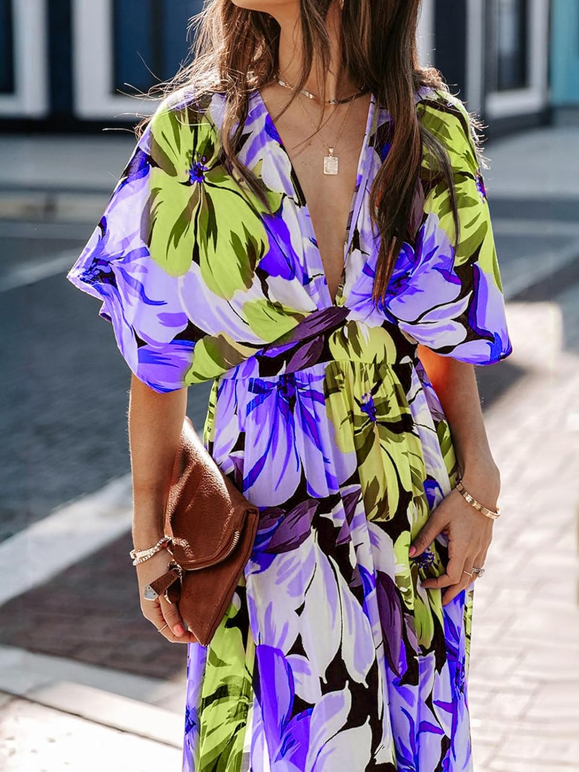 Womens V Neck Flutter Sleeve Boho Midi Dress Summer Wedding Guest Beach Party Long Dresses - Image 4