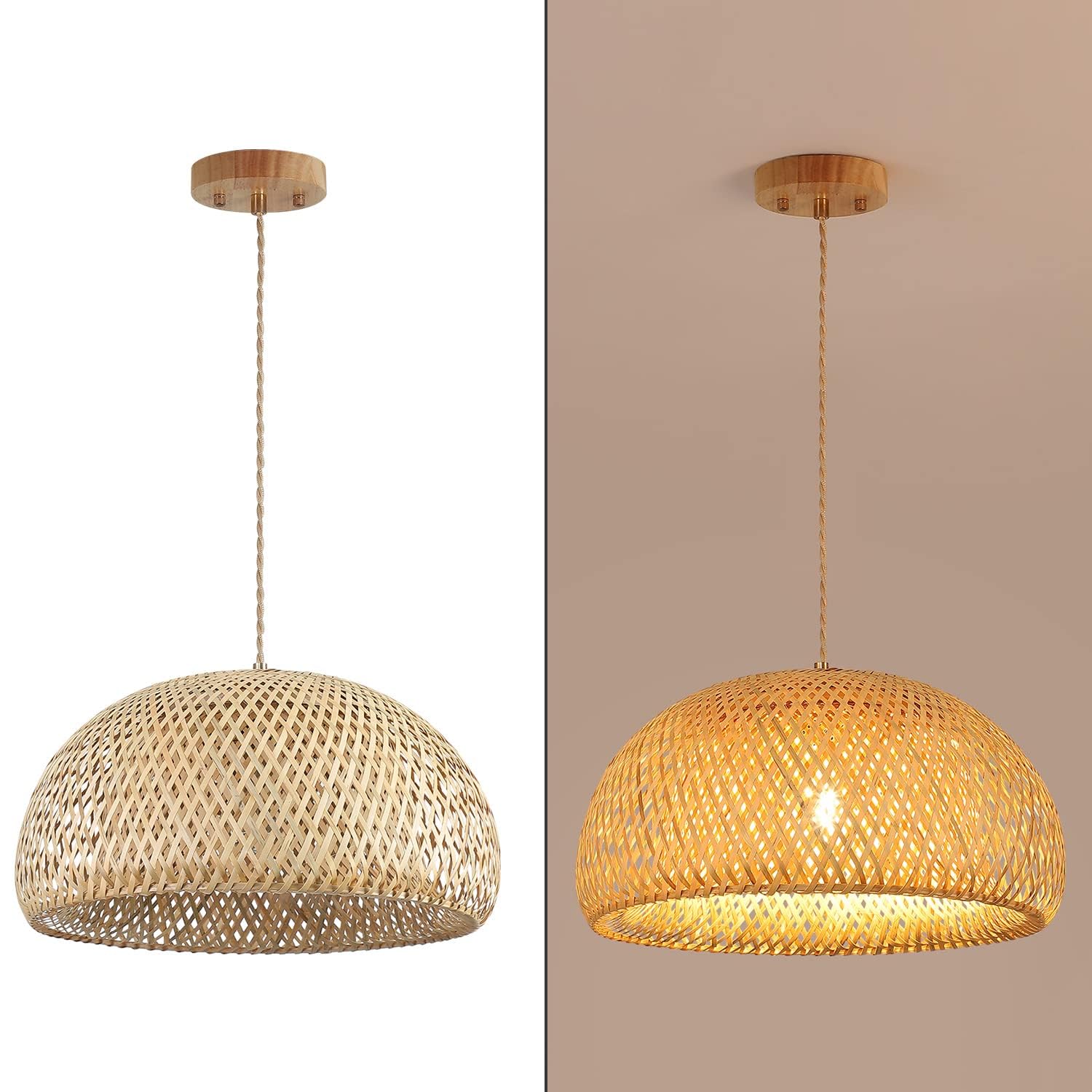 Rattan Pendelleuchte, 45cm Bambus Lampenschirm Boho, Hängelampe Küchenlampe Deckenlampe für Esstisch, Wohnzimmer, Schlafzimmer(E27 Fassung, keine Glühbirne)