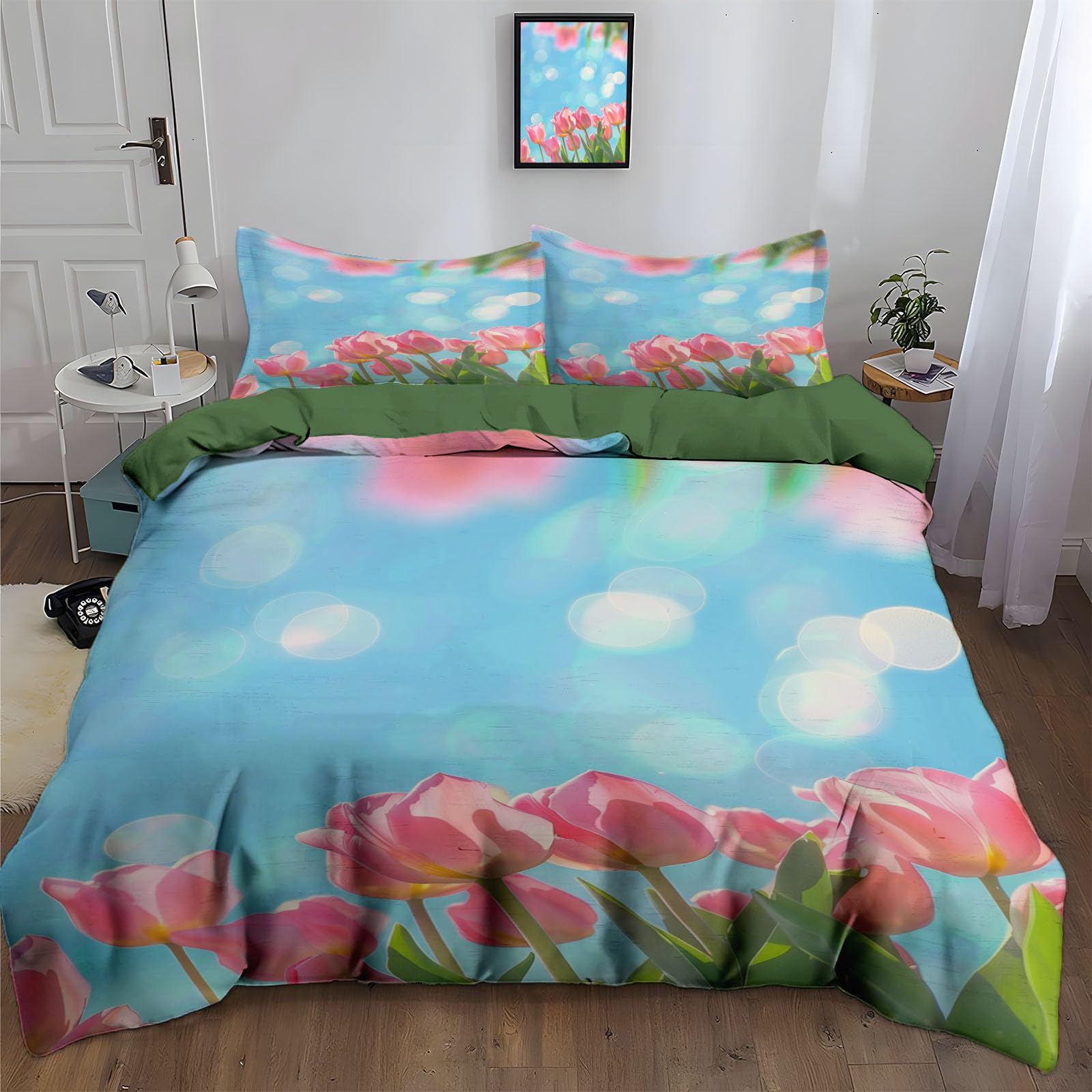 Housse de couette 3D champ de tulipes roses 200x200cm hypoallergénique et facile d'entretien