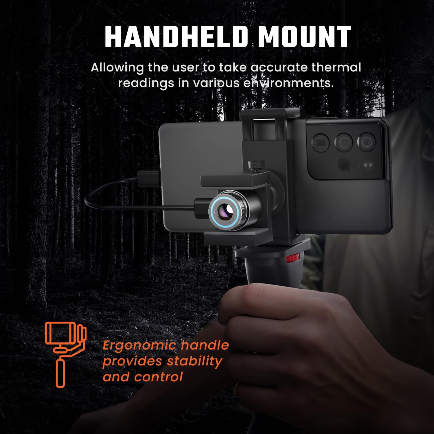 A user holding a smartphone with the MiLESEEY TNV30i thermal monocular attached to a handheld mount, demonstrating stable operation in a forest setting.