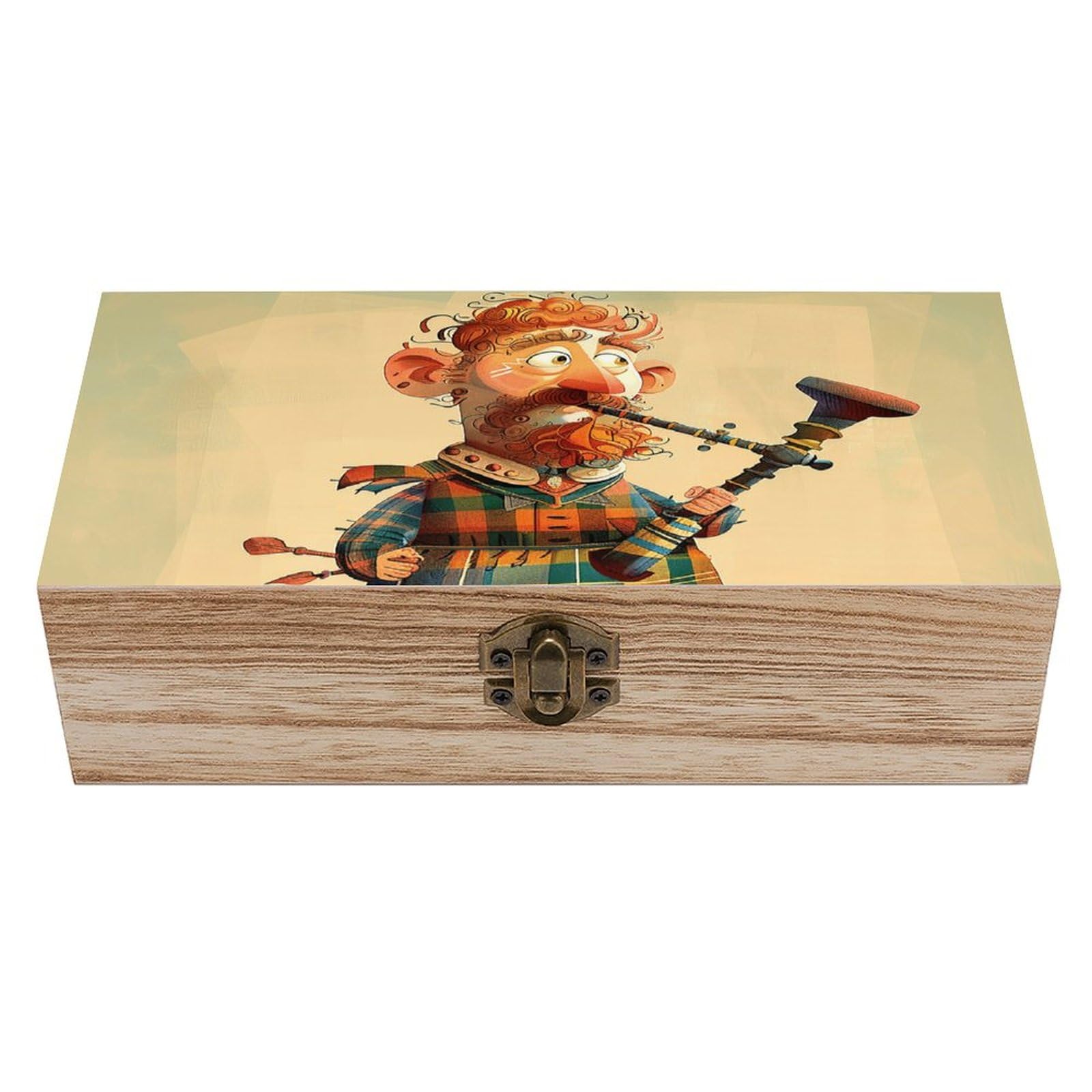 Anceky Cartoon Scottish Bagpipe Decorative Boxes with Lids Large Wooden Storage Box for Crafts Small Wood Jewelry Photos Organizer
