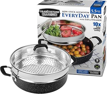 Granitestone Steam Pot for Cooking, Nonstick 2 Tier Steamer Pot for Cooking & Vegetable Steamer, 3 Piece Steaming Pot Set with 5.5 Quart Stock Pan/Everyday Pan, Stainless Steel Steamer & Glass Lid