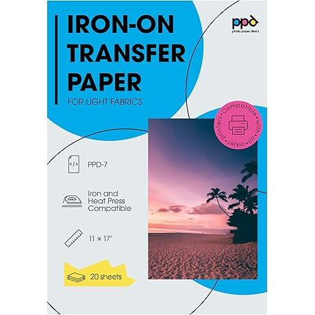 PPD Inkjet Premium Iron-On Light T-Shirt Transfer Paper 11" x 17", Pack of 20 Sheets