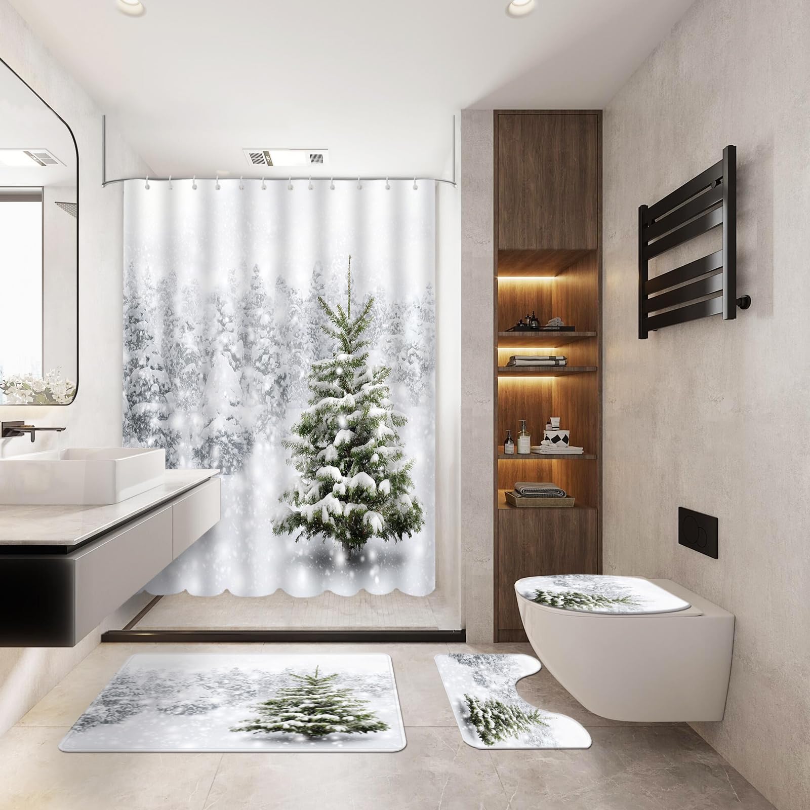 MEHOFOND Set di 4 tende da doccia invernali natalizie con tappeti antiscivolo copriwater e tappetino da bagno innevato foresta naturale nevicata set tenda da doccia invernale scena naturale natalizia