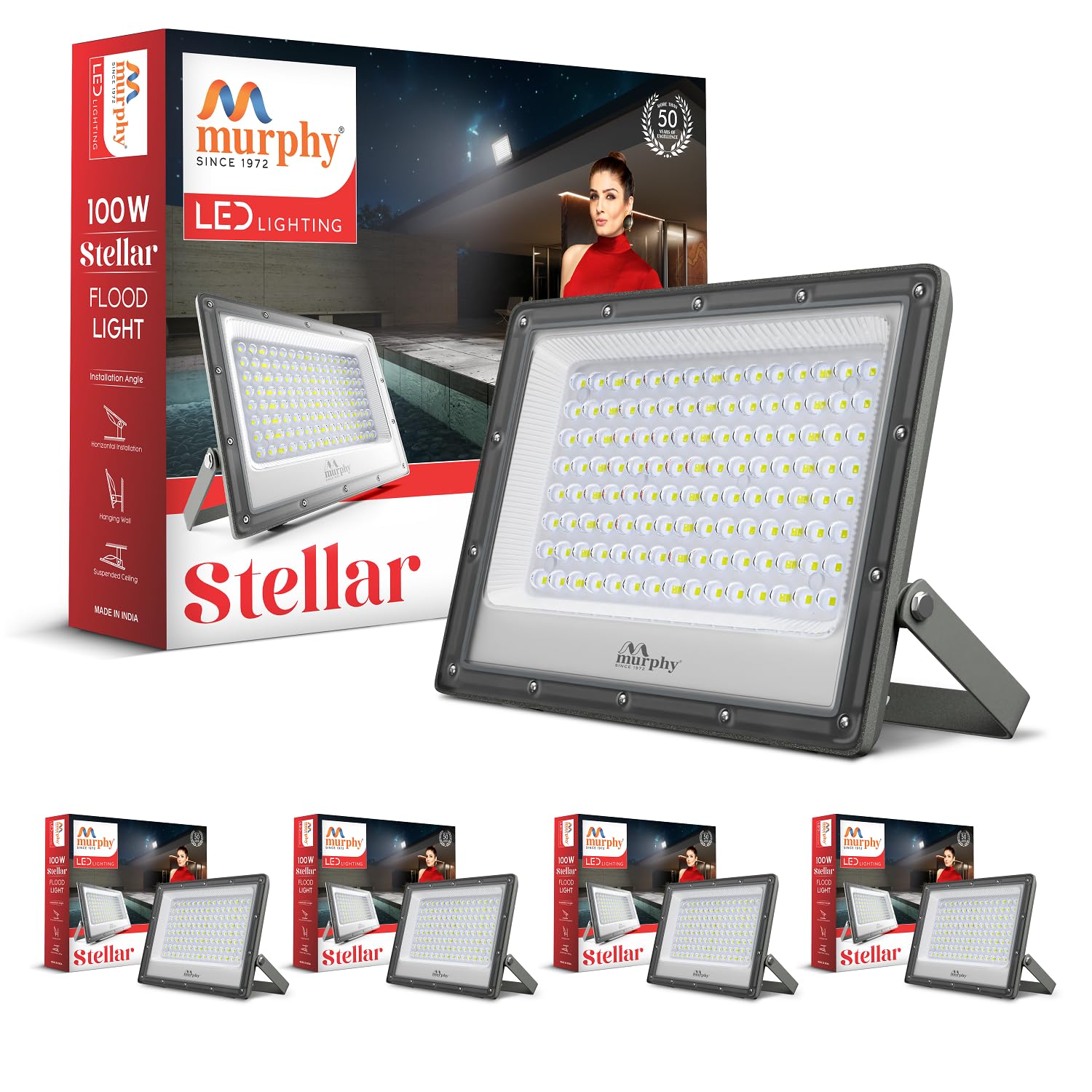 Murphy Stellar 100W LED Flood Light with 2-Year Warranty | Cool White | High Brightness Outdoor LED for Security, Landscape, Warehouse, Backyard| IP66 Waterproof | BIS Approved – Pack of 5
