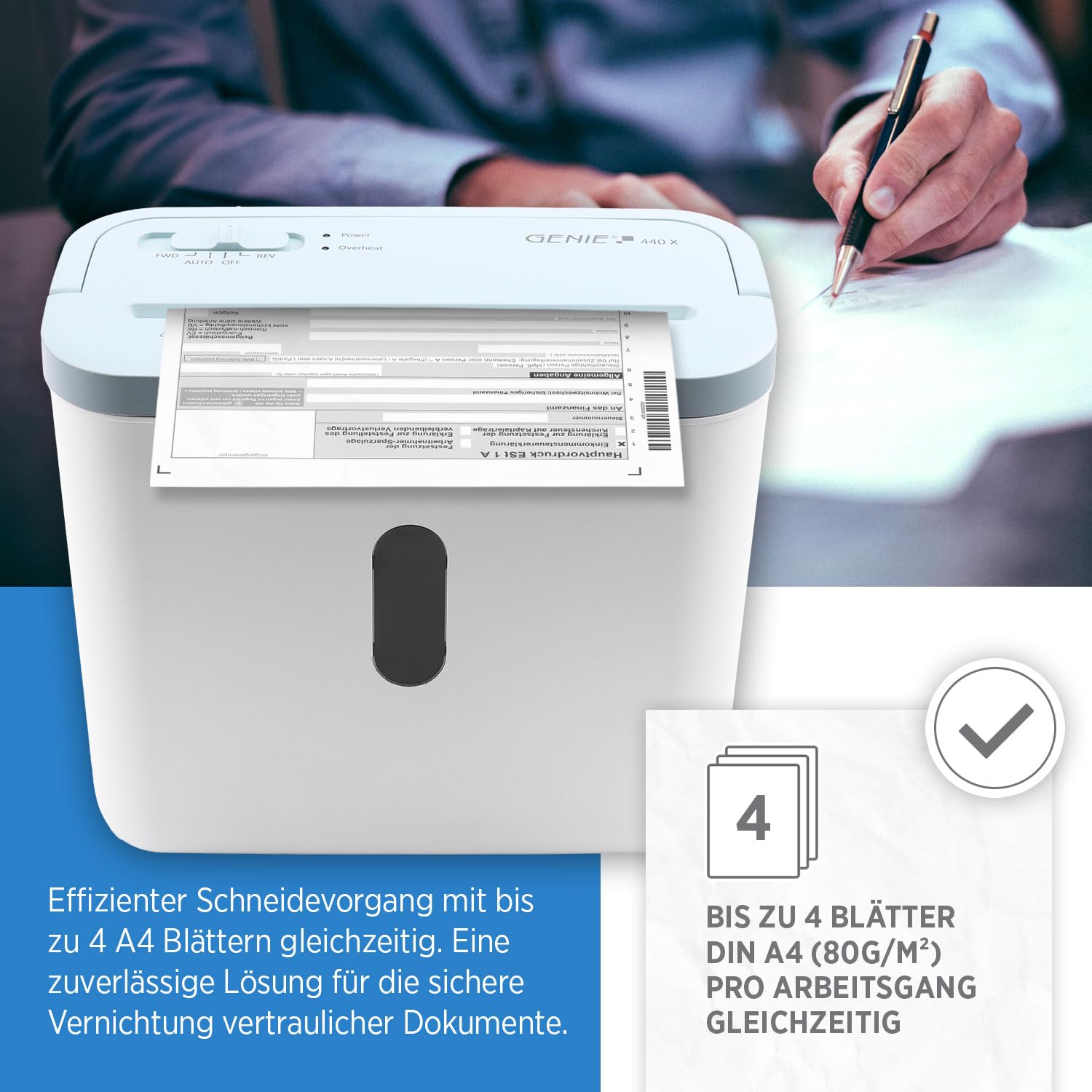 GENIE 440 X Aktenvernichter | Partikelschnitt 4x38 mm | Sicherheitsstufe P-4 | Leise 72 dB | Kompakt & Mobiler Shredder | Automatische Start-/Stopp-Funktion | Überhitzungsschutz Frbe weiß blau