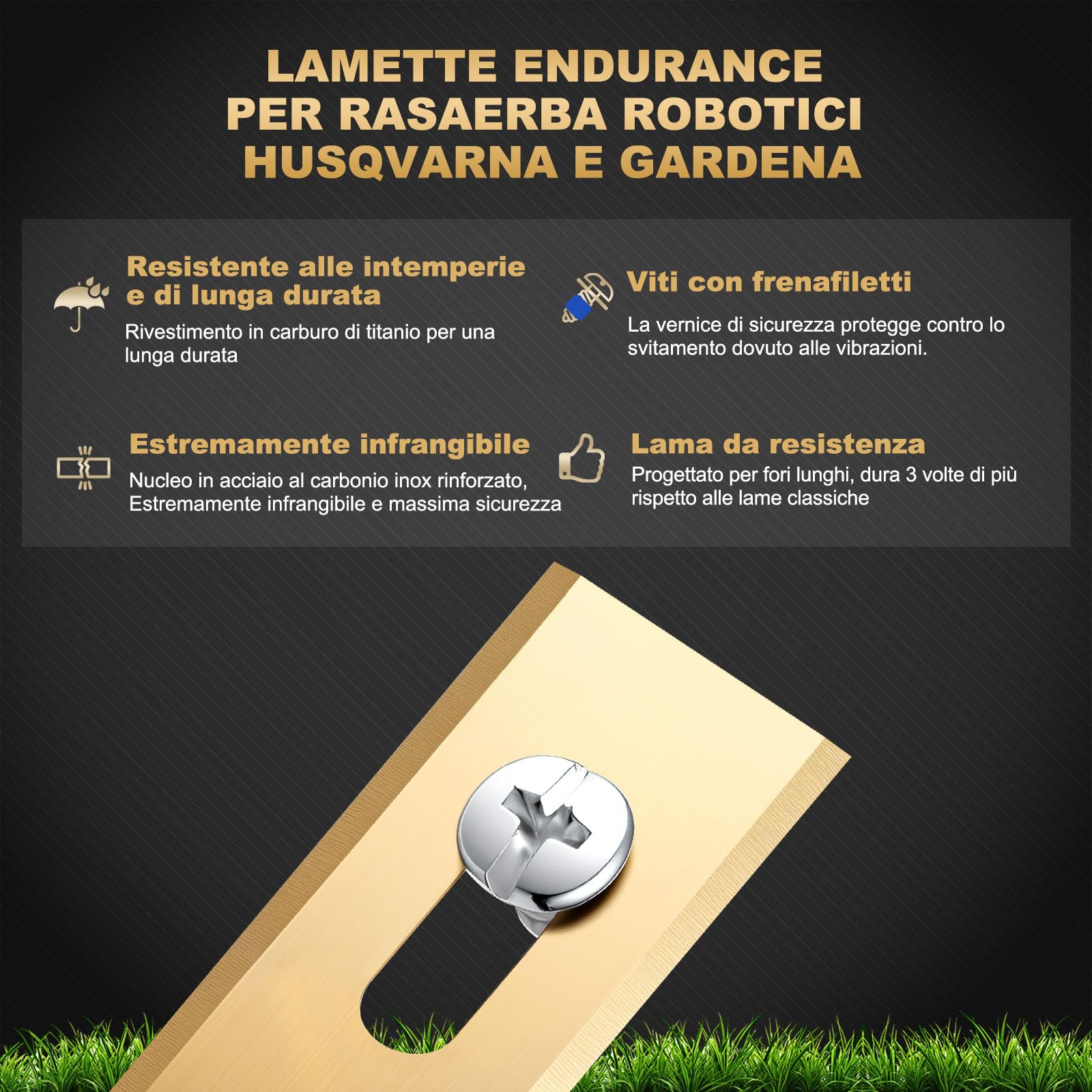 FourShow 36 Lame di Ricambio Endurance compatibili con Tutti i Robot da Giardino Husqvarna, Lame Resistenti in Titanio, Inclusi Viti con Rivestimento di Sicurezza