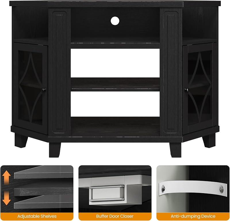 RoyalCraft Corner TV Stand for TVs up to 55 Inch: Corner Tall Entertainment Center with Storage, Modern Wood Media Console Cabinet for Living Room, Bedroom, Satin Black image 7