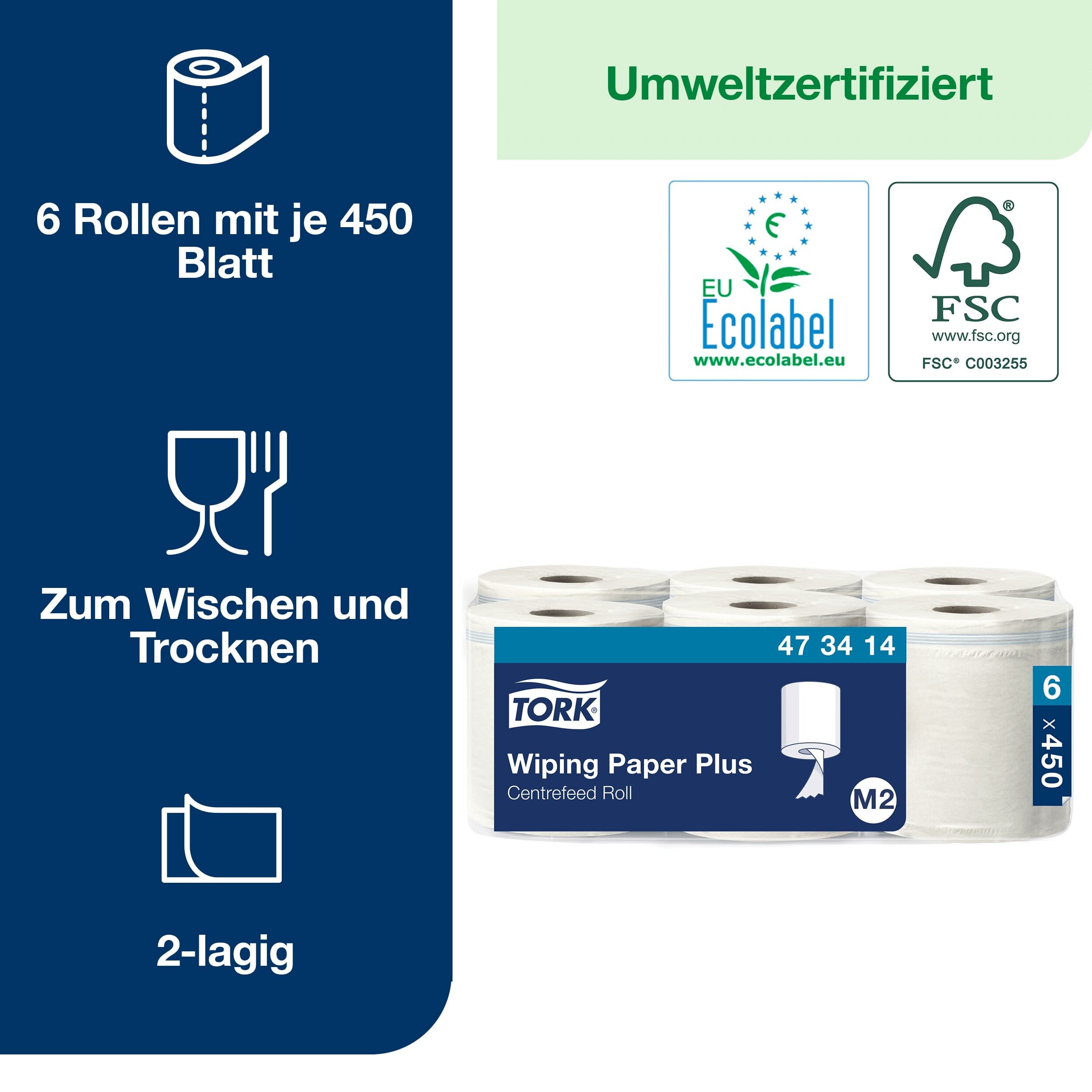 Tork 473414 Mehrzweck Papierwischtücher für das M2 Innenabrollungspendersystem / 2-lagiges stabiles Papier in Weiß / 6 x 150.8 Meter