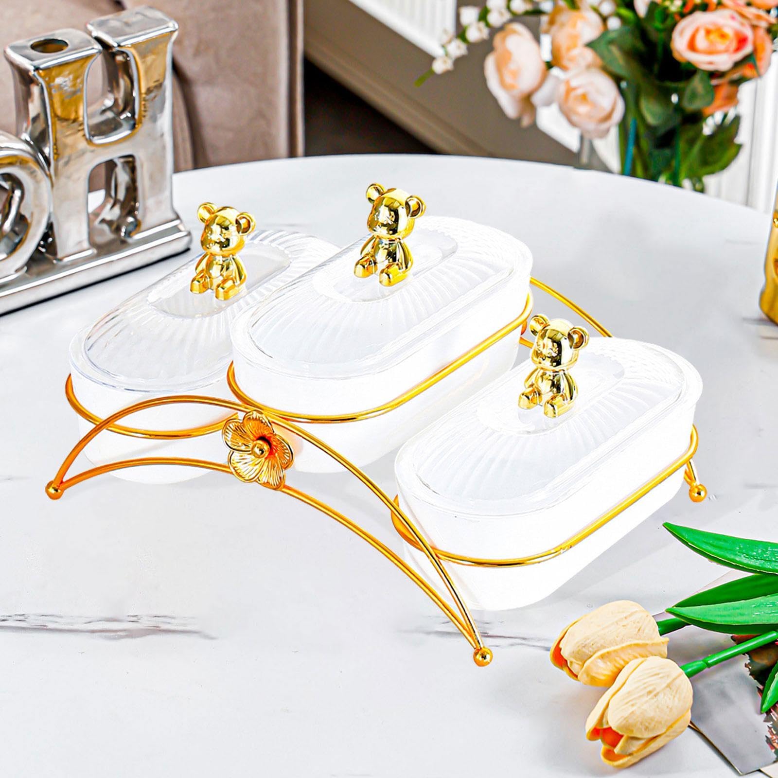 Qianly Dried Fruit Plate Dessertschale mit Deckel Servierplatte mit 3 Fächern Vorratsbox für Nüsse Trockenfrüchte Süßes Aus Eisen für Zuhause Familienfeier W, 3 Grid Bear