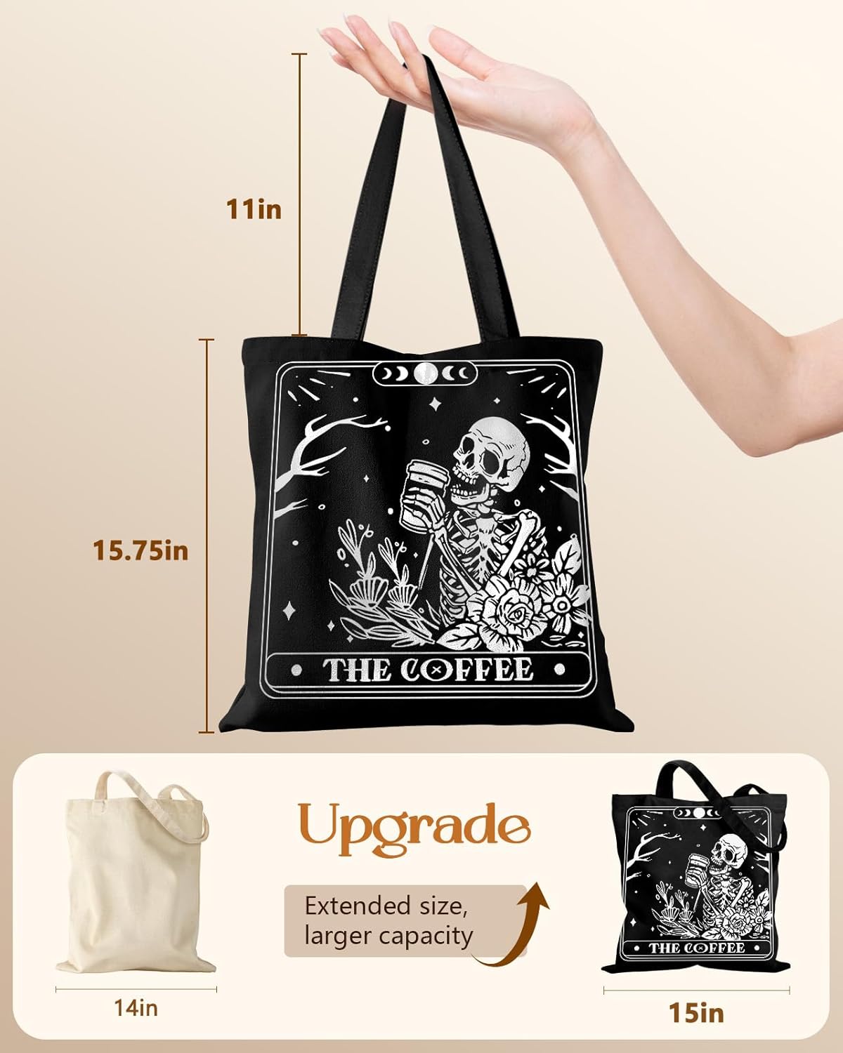 Canvas Tote Bag for Women – Aesthetic Canvas Bag with Zipper Cute Stylish Reusable Shoulder Totes for Shopping Work Daily Vacation, Coffee Skull - Image 2