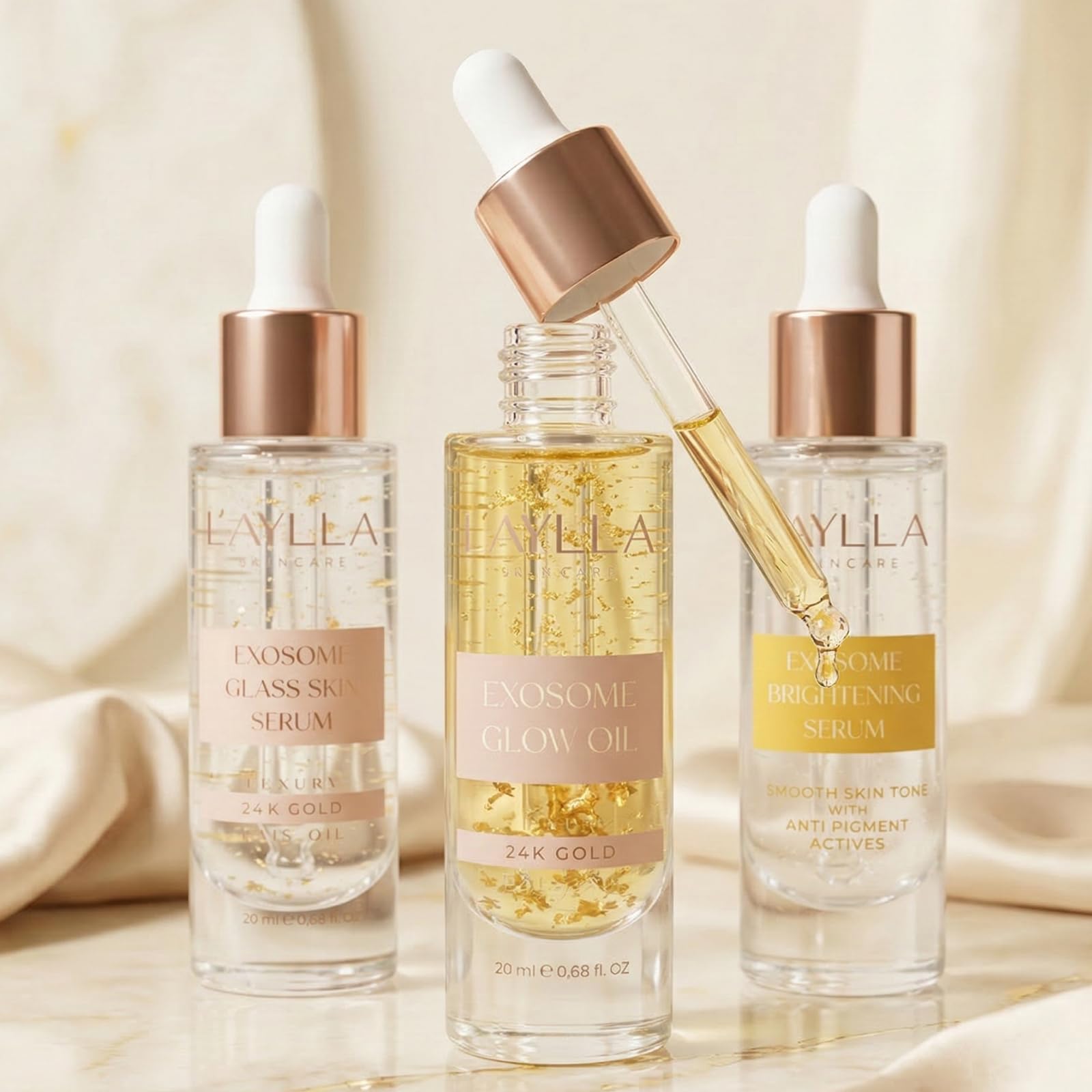 L'AYLLA Exosome Trio Set (3x20ml) – Brightening Serum, Glass Skin Serum & Glow Oil – Zellregeneration & Strahlkraft – Mit Niacinamid, Arbutin & Hyaluron