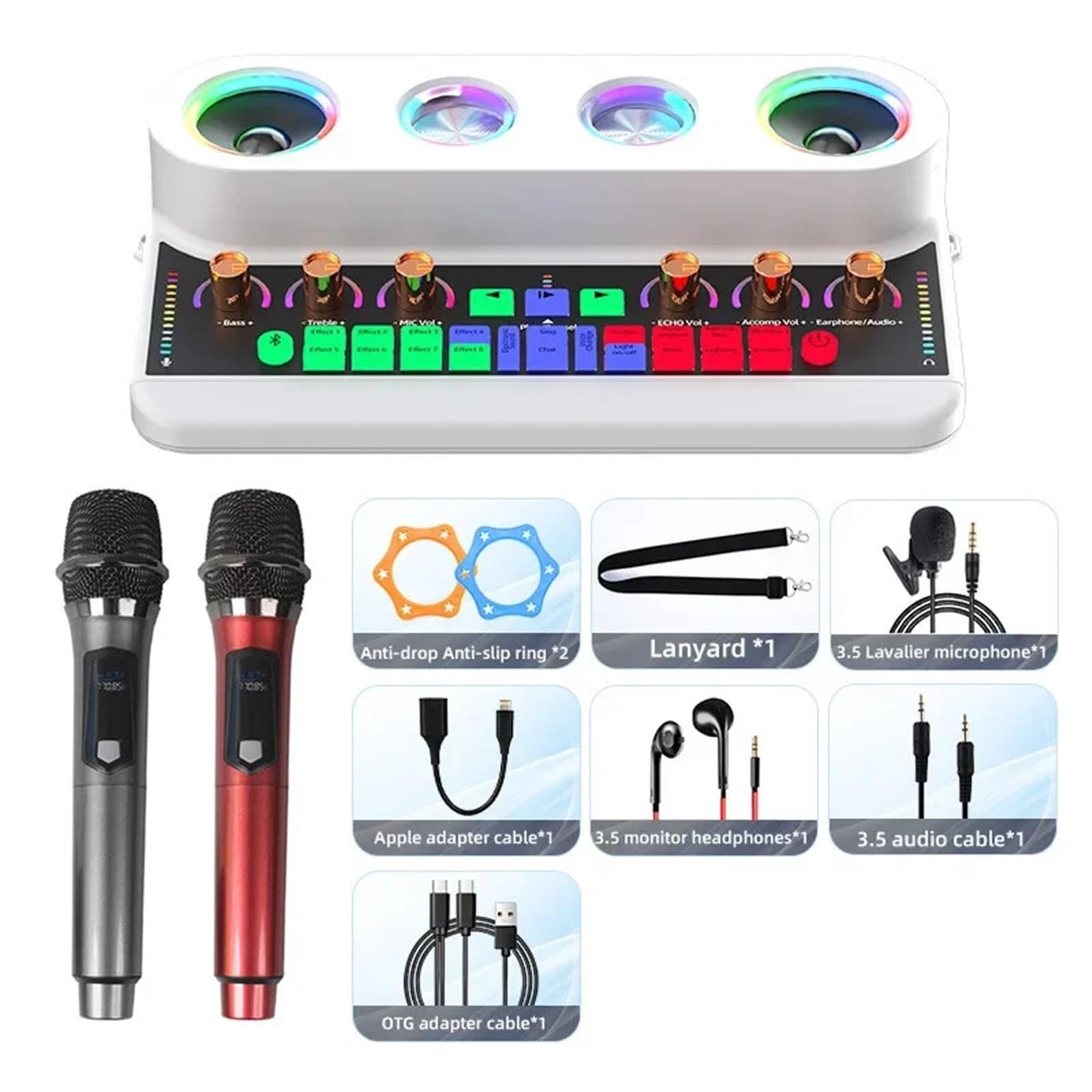 Live Broadcast Sound Card Au-dio Integrated Machine Home KTV Device Colorful Change of Voice With Mic for Phone Artisti e Band(S20 White Package 2)