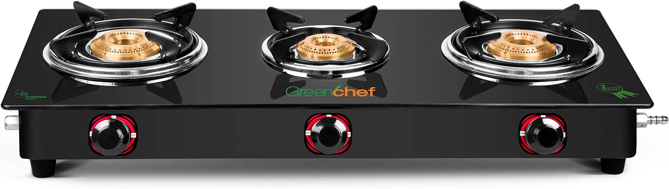 GREENCHEF Elon Glass cook top 3 Burner Gas stove,Black Body (Manual