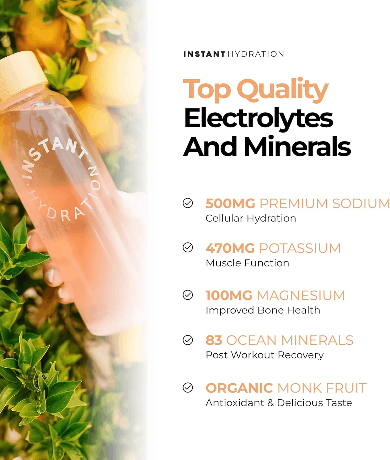 Instant Hydration Sugar Free Electrolytes Powder Packets - Orange Citrus Electrolyte Drink Mix & Travel Essentials - Post Workout Recovery, Brain Health, Muscle & Tissue Support - 20 Sticks
