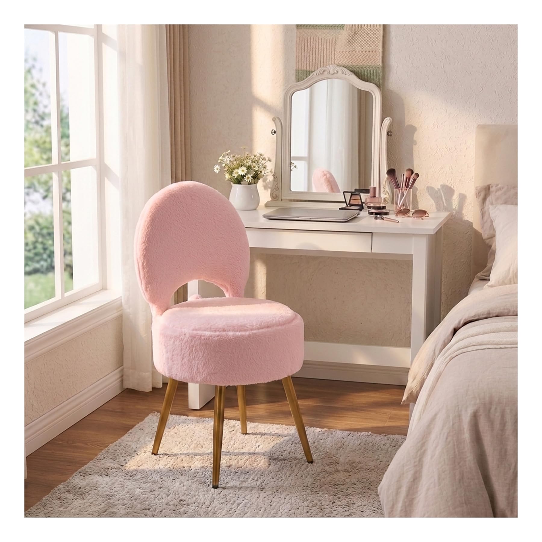 INMOZATA Storage Stool with Storage & Folding Back,Furry Vanity Chair