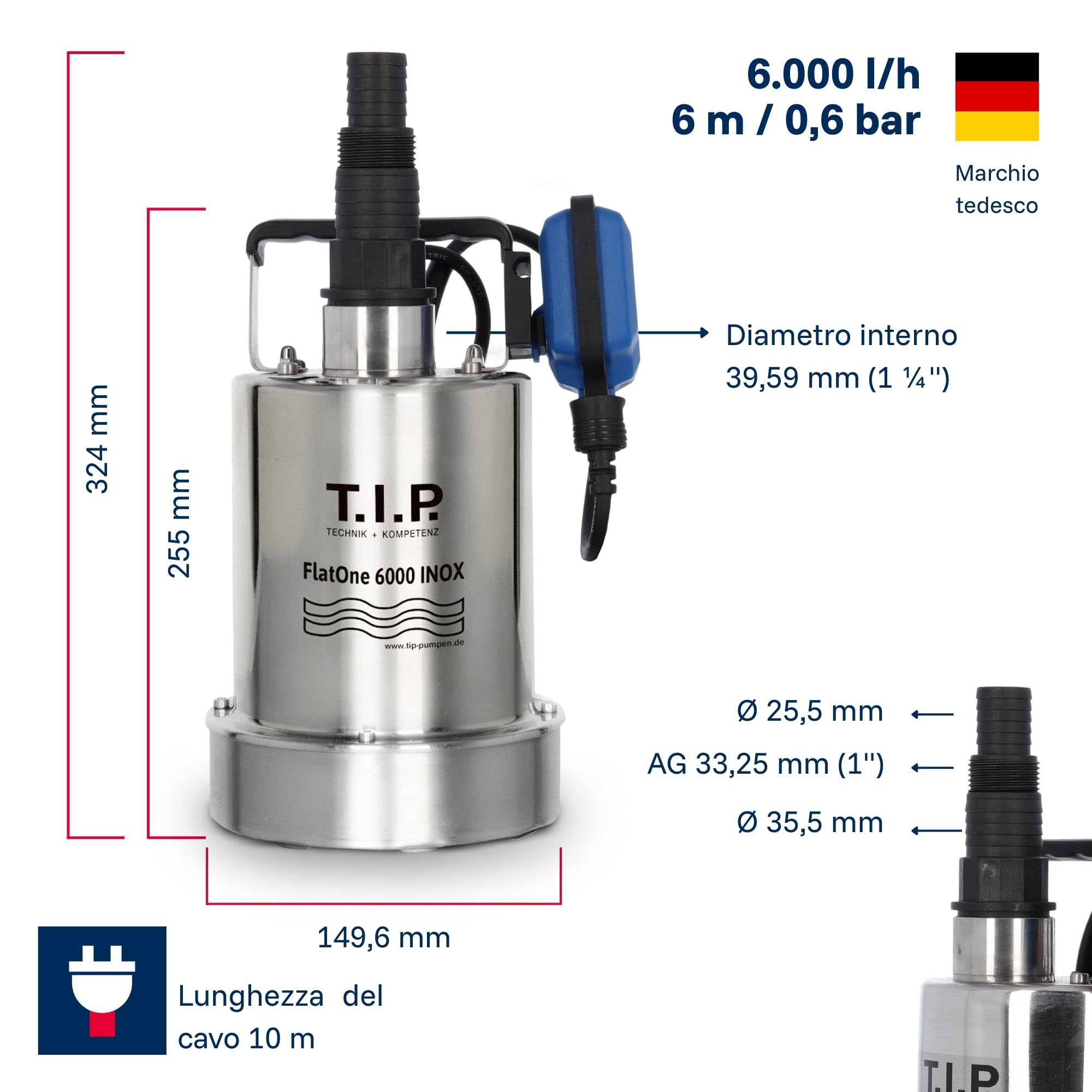 T.I.P. 30440 FlatOne 6000 INOX Pompa di dreggio e per piscine, aspirazione fino a 1 mm, portata fino a 6000 l/h, 22,5 x 16,5 x 27 cm