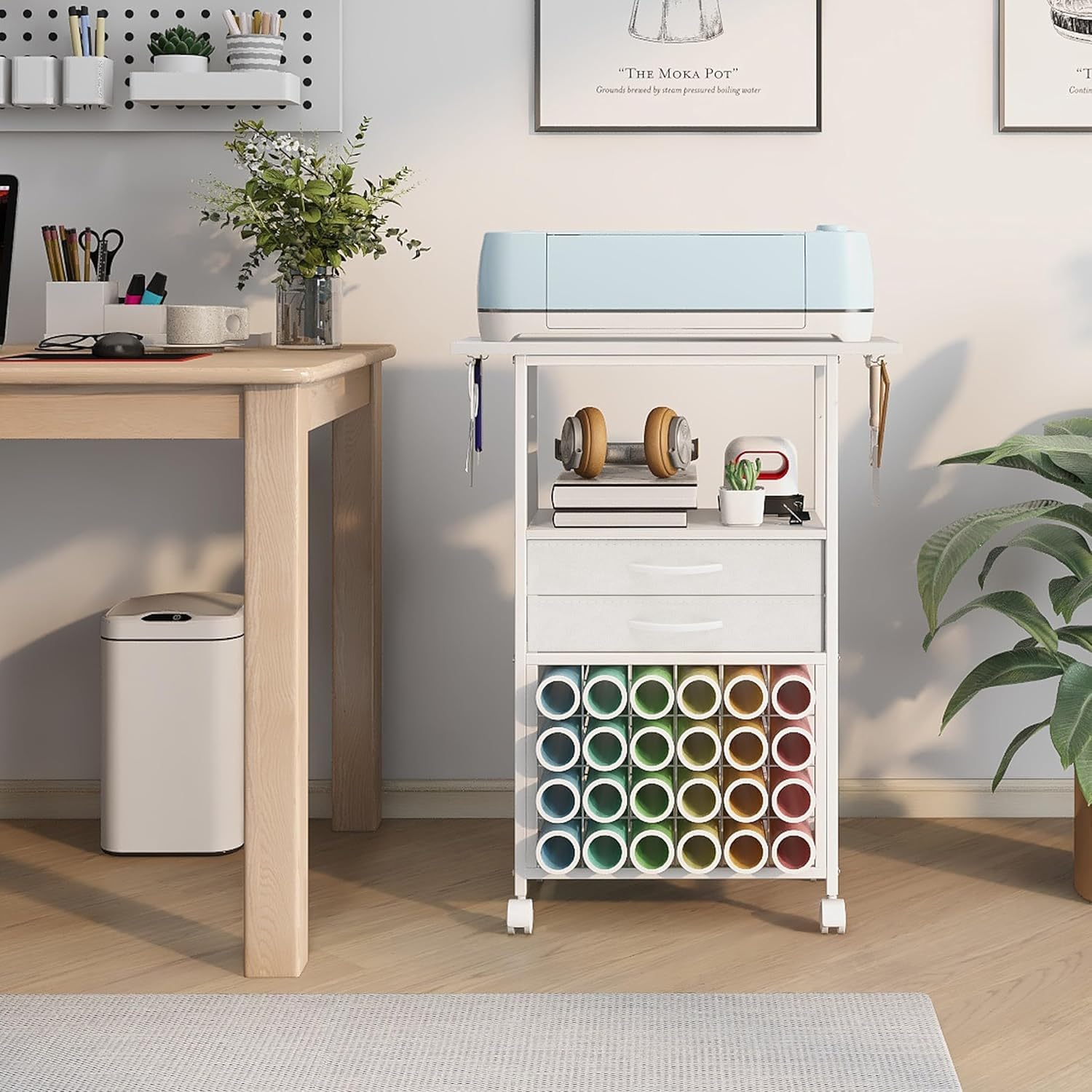 Trironsun Organisation und Aufbewahrung, Bastelwagen, kompatibel mit Cricut-Maschinen, Rollen-Organizer mit 24 Vinyl-Rollenhaltern und 2 Stoffschubladen, Bastelschrank für Bastelraum, Weiß