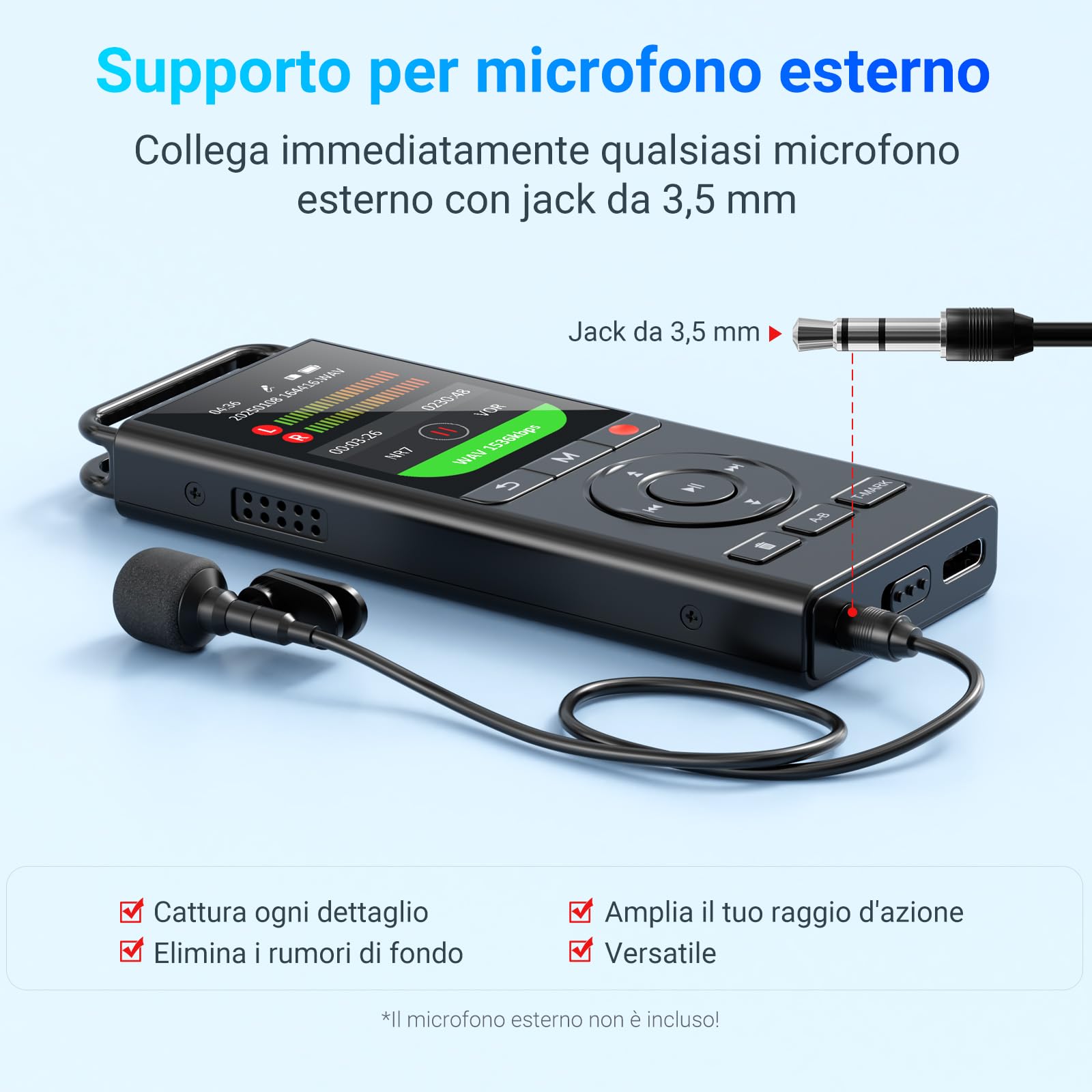 MECHEN 144 GB Registratore Vocale Digitale, Audio HD 3072Kbps | Registratore Vocale Attivato, Tempo di Registrazione 10.000 h, Supporta Microfoni Esterni, Riduzione del Rumore