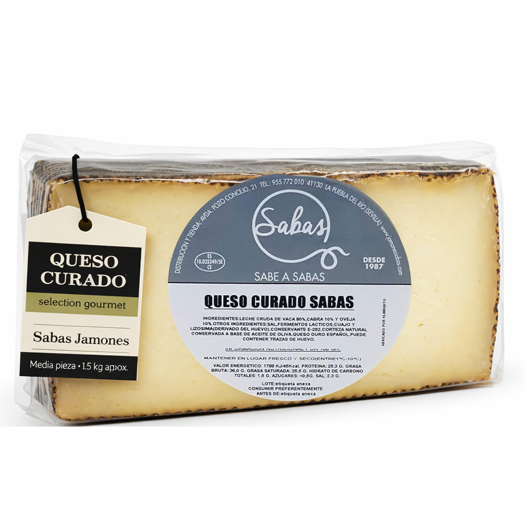 SABE A SABAS Queso Curado Mezcla Manchego Picantito 1,5 Kg Leche Cruda Vaca Cabra Oveja Media Pieza Gourmet