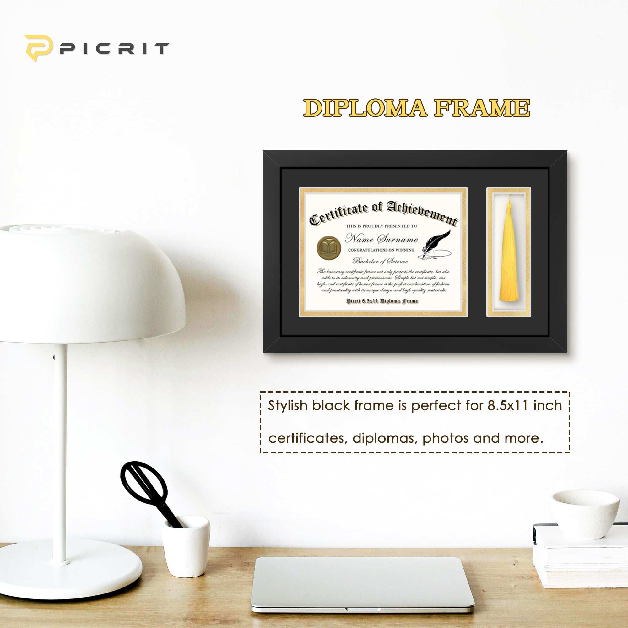 Yaetm 11x17 Diploma Frame With Tassel Holder - Fits 8.5x11 Certificate, Tempered Glass, Black & Gold Mat, Graduation Gift - View #6