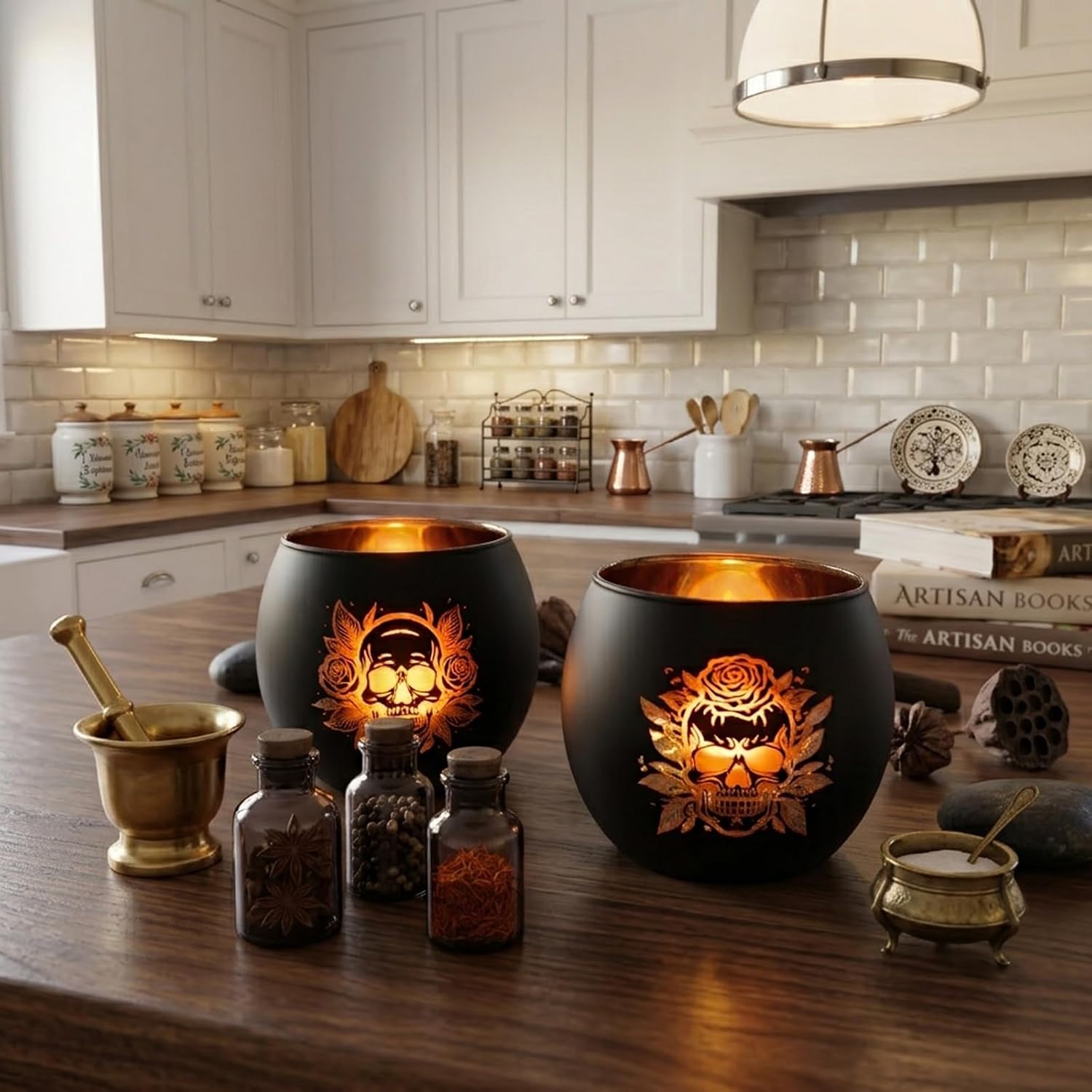 Glass Skull Head Candle Holder - 2 Pcs Black Halloween Tea Light