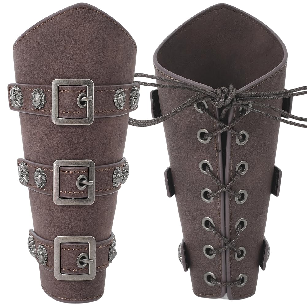 GORGECRAFT 2PCS Buckle Leather Archery Bracers Medieval Gauntlet Wristband Viking PU Leather Arm Guards Adjustable Arm Armor Cuff with Buckle Strap for Halloween Cosplay, Coconut Brown