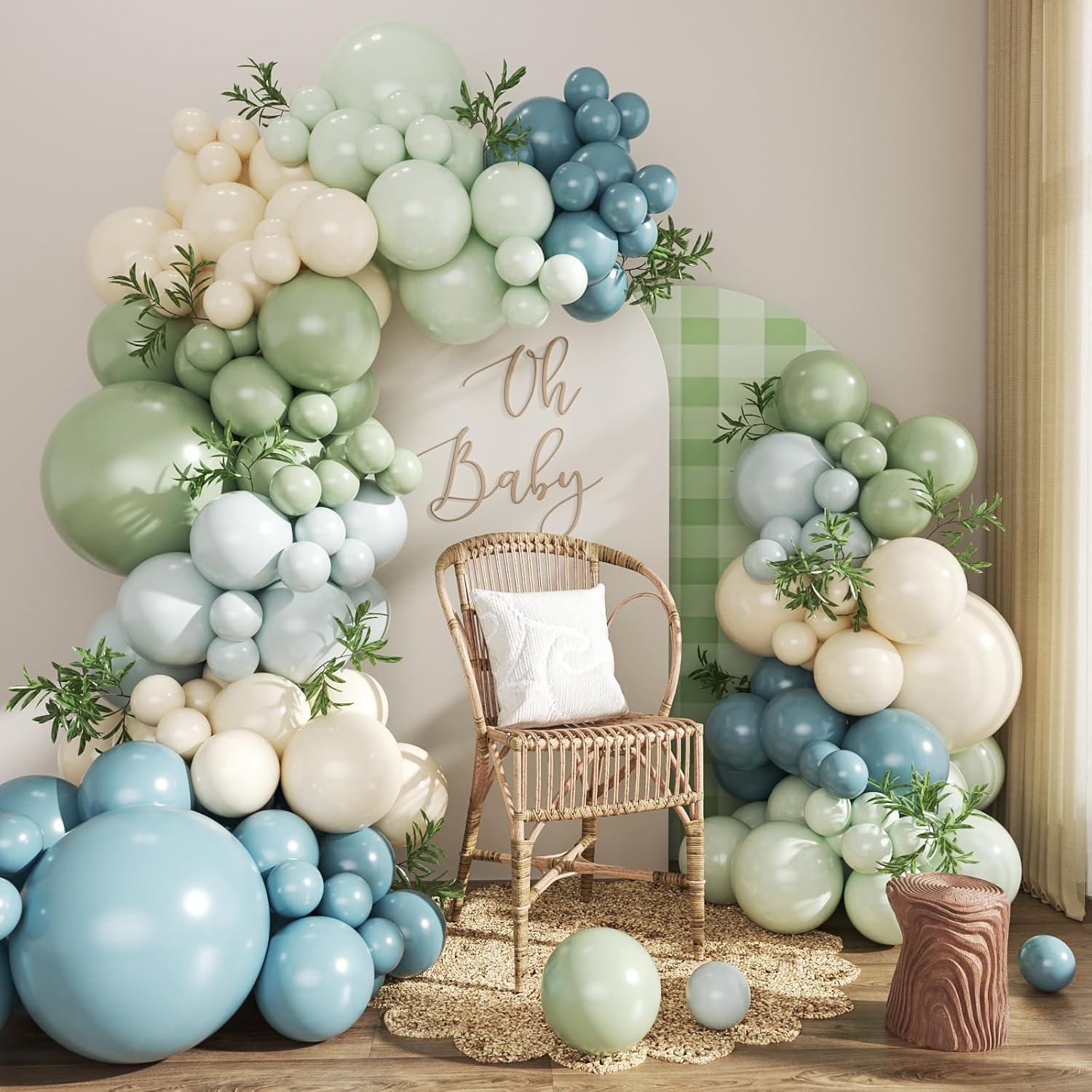 Sage Green Blue Balloon Arch Kit, 115pcs Dusty Blue and Green Balloon Arch Garland with Sand White Beige Avocado Green Balloons for Boy Men Birthday Baby Shower Jungle Safari Wedding Party Decorations
