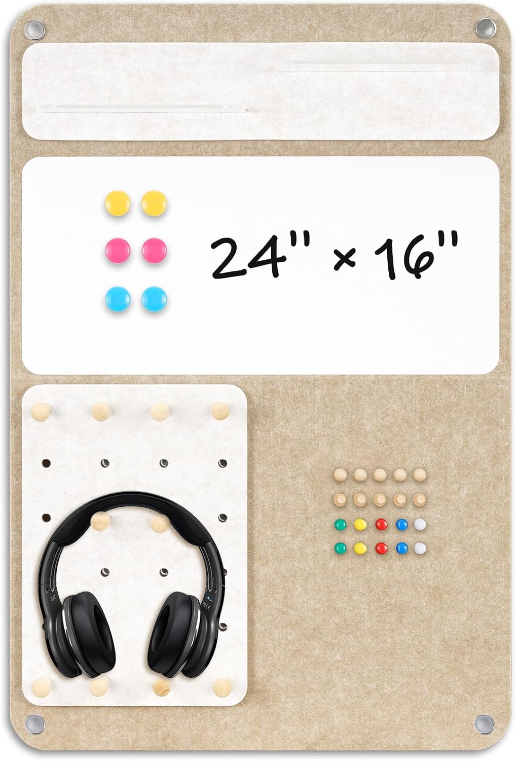 DOLLAR BOSS 3-in-1 Foldable Bulletin Board 24"x16" Vertical - Magnetic Whiteboard with Cork & Acrylic Shelves, Sound-Absorbing Felt for Home/Office/Dorm Includes Pins/Magnets (Latte)
