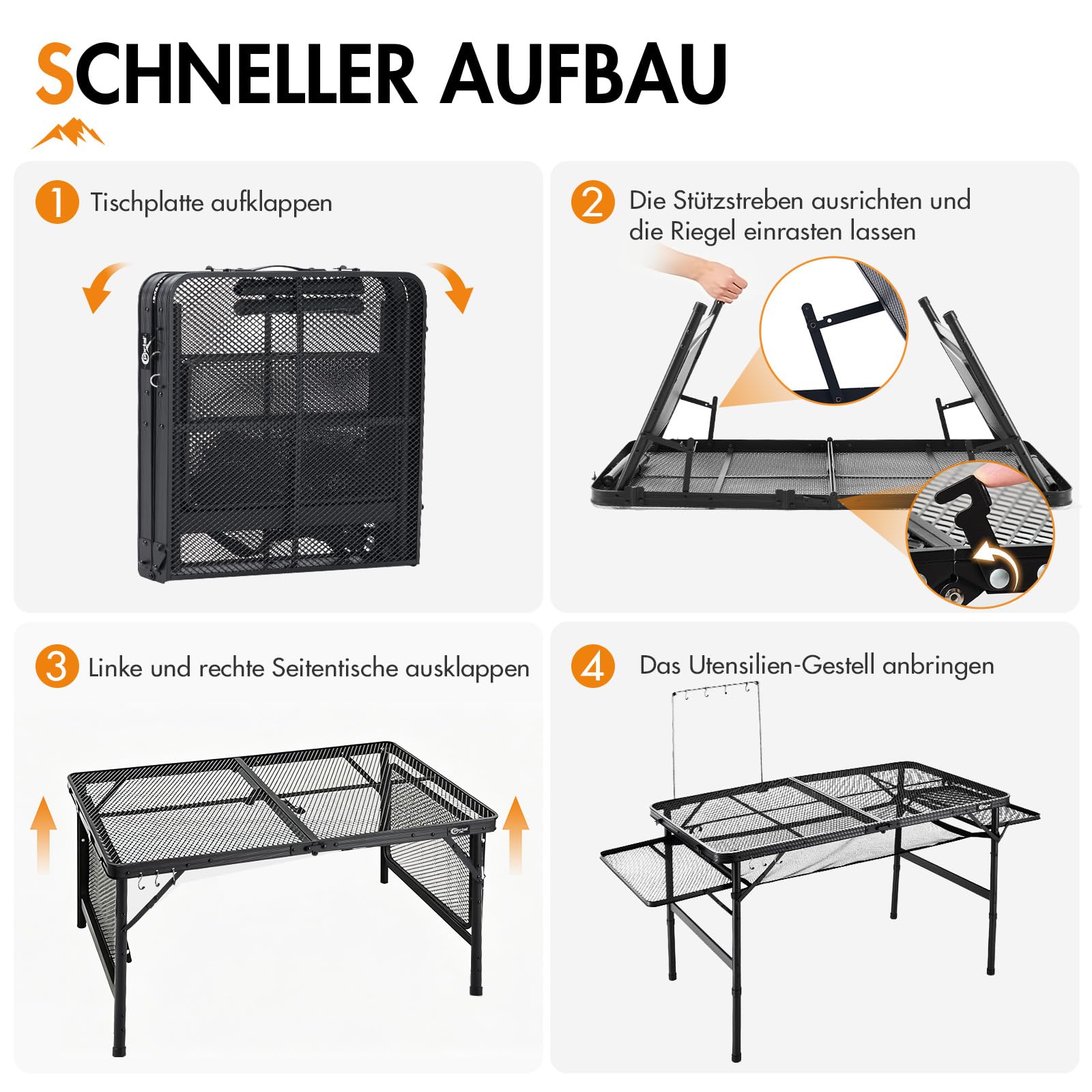 Campingtisch faltbar Grilltisch klappbar 144x60cm groß stabil Outdoor | Eisen-Mesh, wasserfest, hitzebeständig, feuerfest, 2 Höhen, 4-6 prosonen, multifunktionale Zonen, groß, stabil