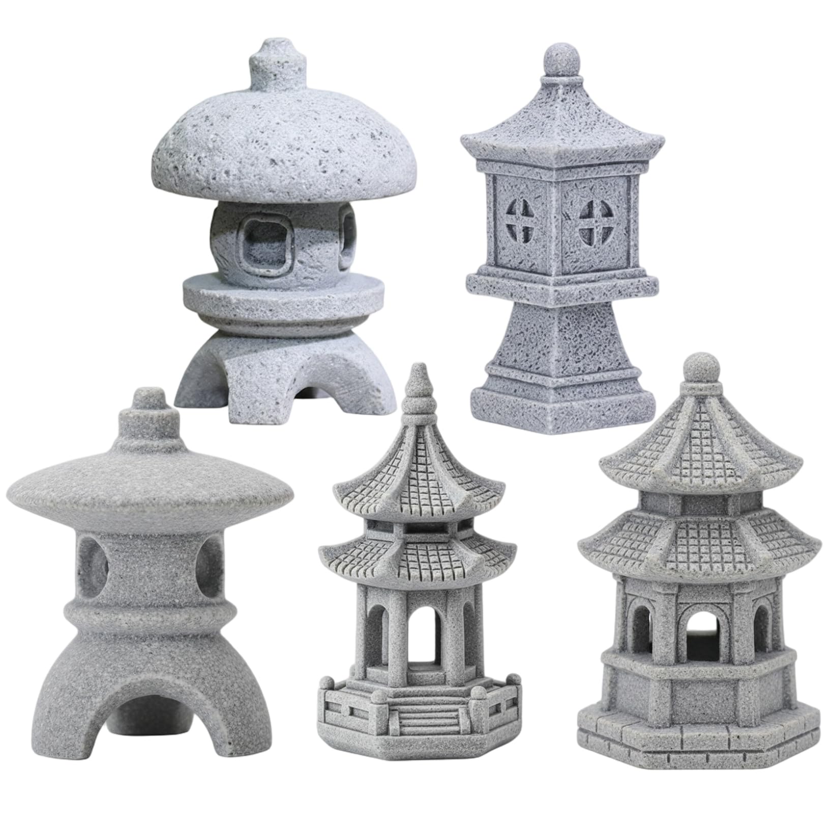Ameble 5Pcs Japanese Garden Decor 5 Styles Realistic Pagoda Lantern Statue Traditional Zen Pagoda Ornament For Outdoor Landscape Patio Balcony Yard Lawn Asian Garden Decoration