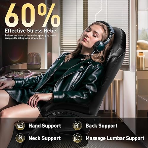 Miniatura 7 de HLDIRECT Silla para juegos, asiento ergonómico para videojuegos con giro de 360 y masaje lumbar, silla de computadora con cojín de cuero sintético
