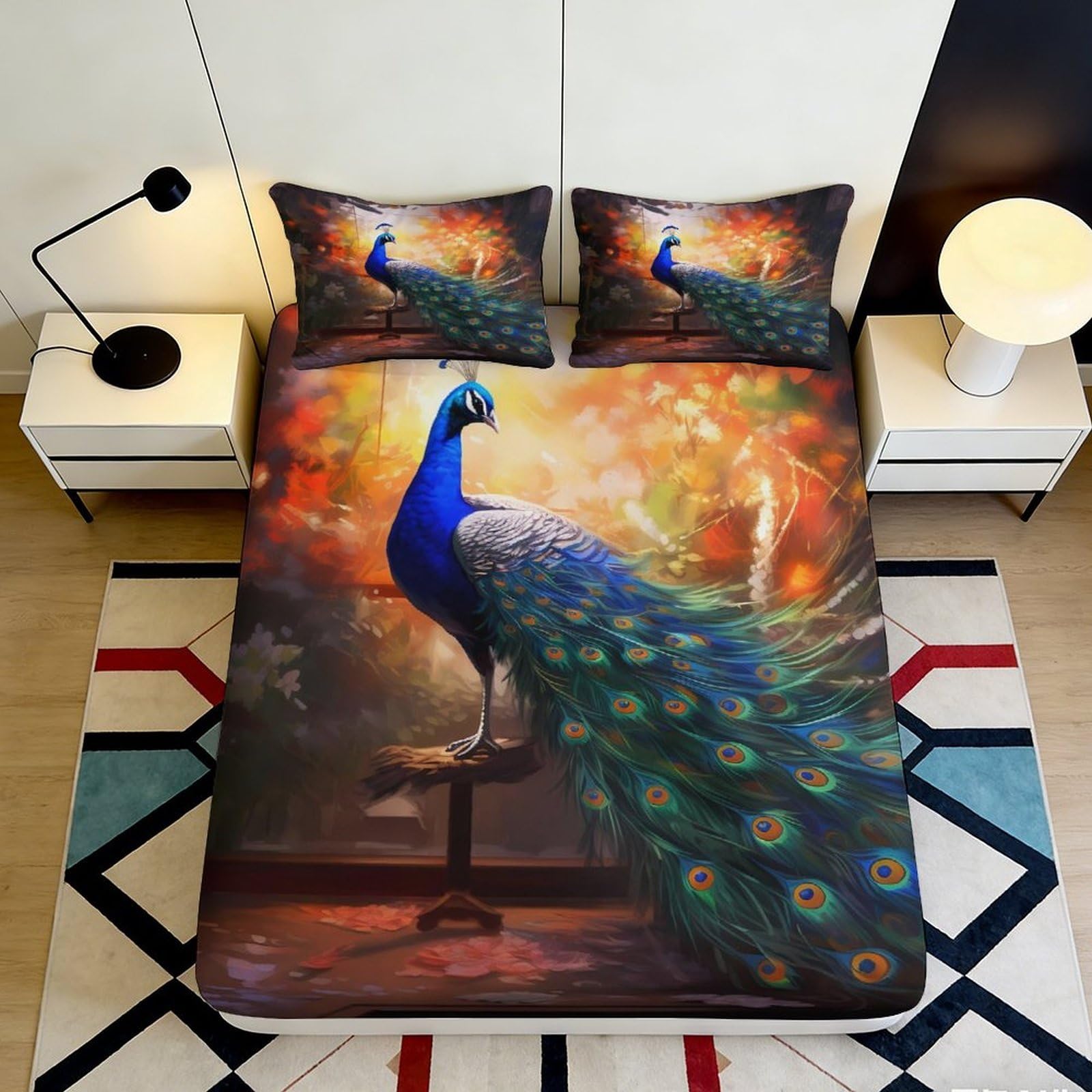 3D Printed Peacock Pattern Fitted Sheet Microfiber Durable Soft 3D Printed Autumn Leaves Mattress Cover for Bedroom Dormitory Guest Room 140x200x25cm