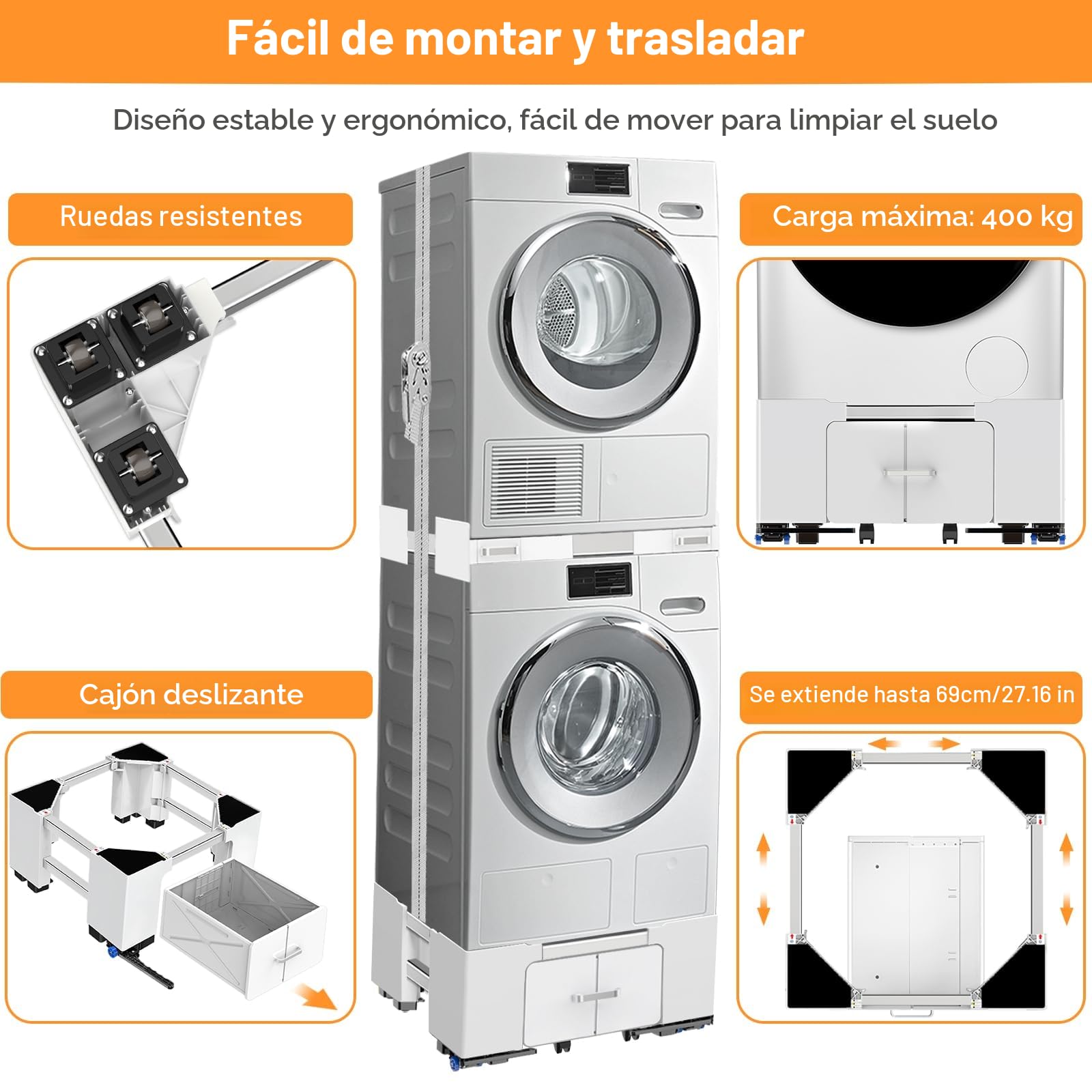 NIUXX Soporte Universal para Lavadora con Cajón y Ruedas, Función Antivibración Ajustable (42-69cm), Soporte Lavadora Secadora con Freno, para Lavadoras y Secadoras, Capacidad de Carga 400 kg