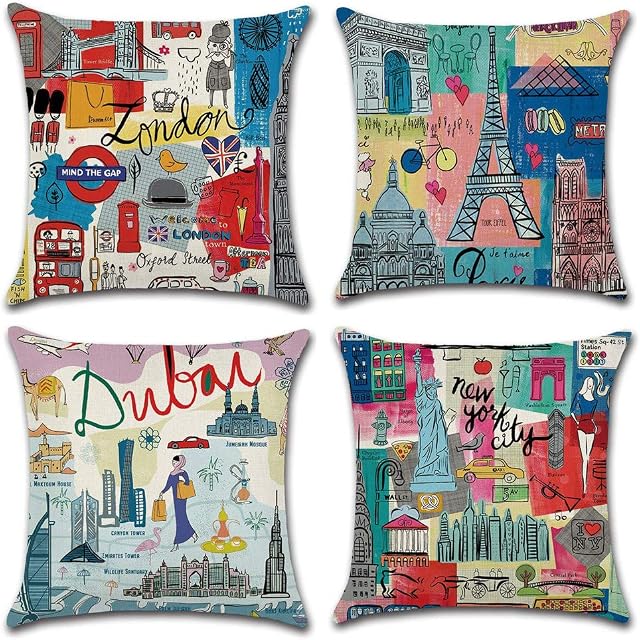 Freeas Set of 4 Travelling Around World Pillow Cases, Throw Cushion Cover Cotton Linen Pillowcase Home Decoration,45x45cm