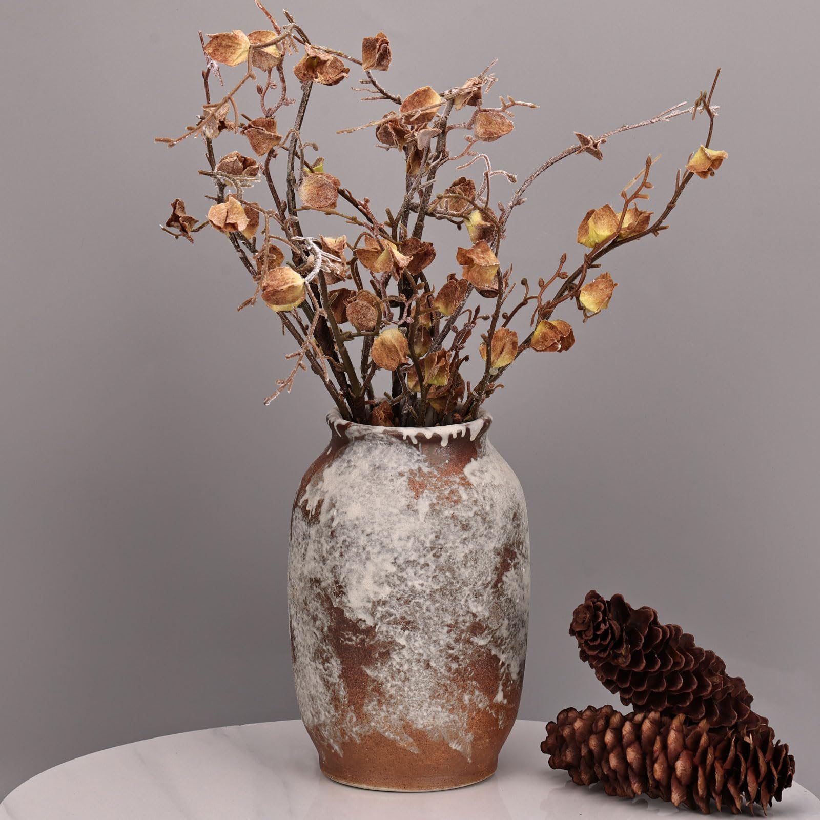 Large Rustic Ceramic Vase 9.5 Inch Decorative Vase Distressed White Washed Terracotta Ceramic Vase for Home Decor, Table, Living Room, Shelf Decor,