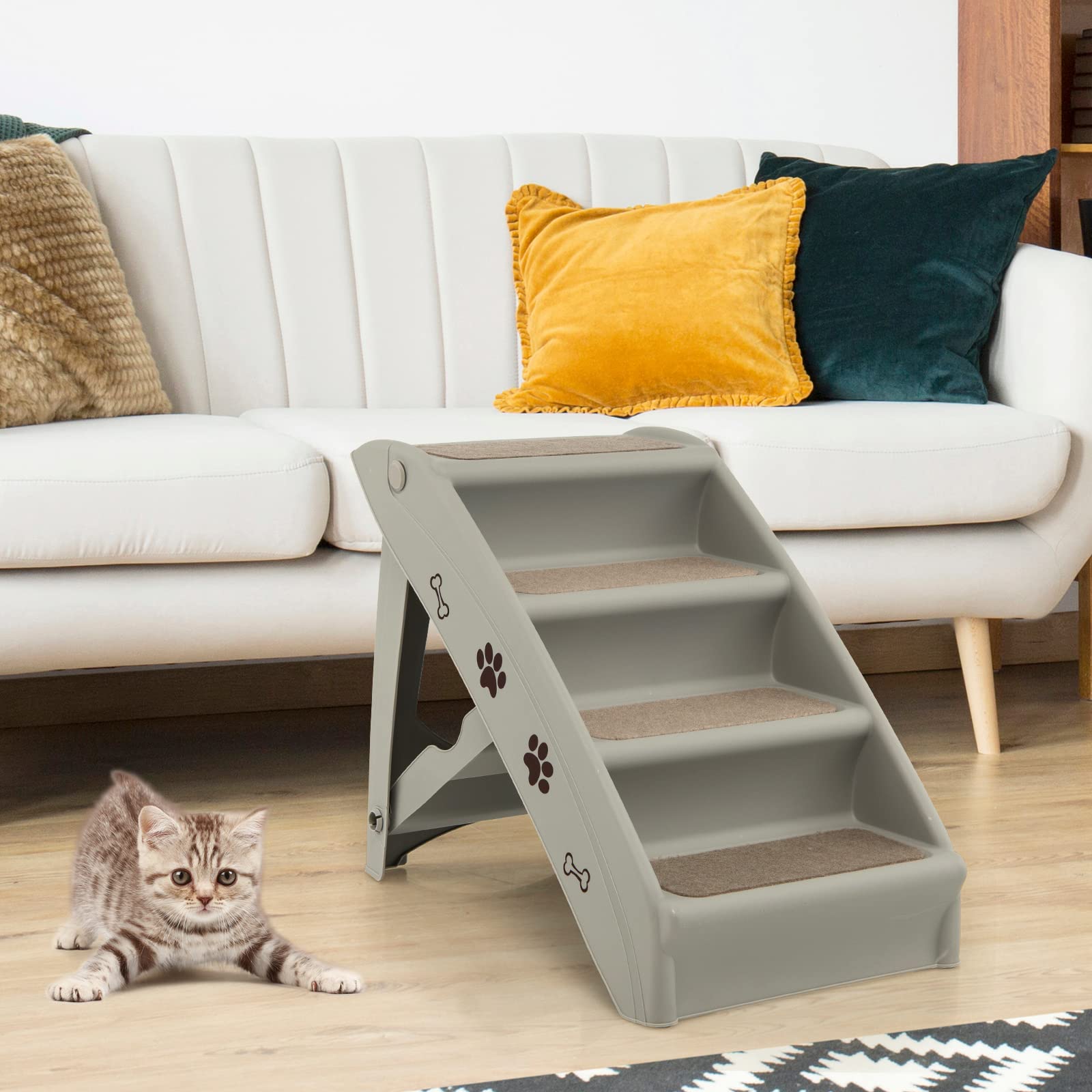 COSTWAY 4-stufige Haustiertreppe mit Teppichboden, Hundetreppe Kunststoff Katzentreppe faltbar, Hunderampe tragbar Tiertreppe für Hunde und Katzen, Tierrampe zum Klettern und Kratzen (Grau)