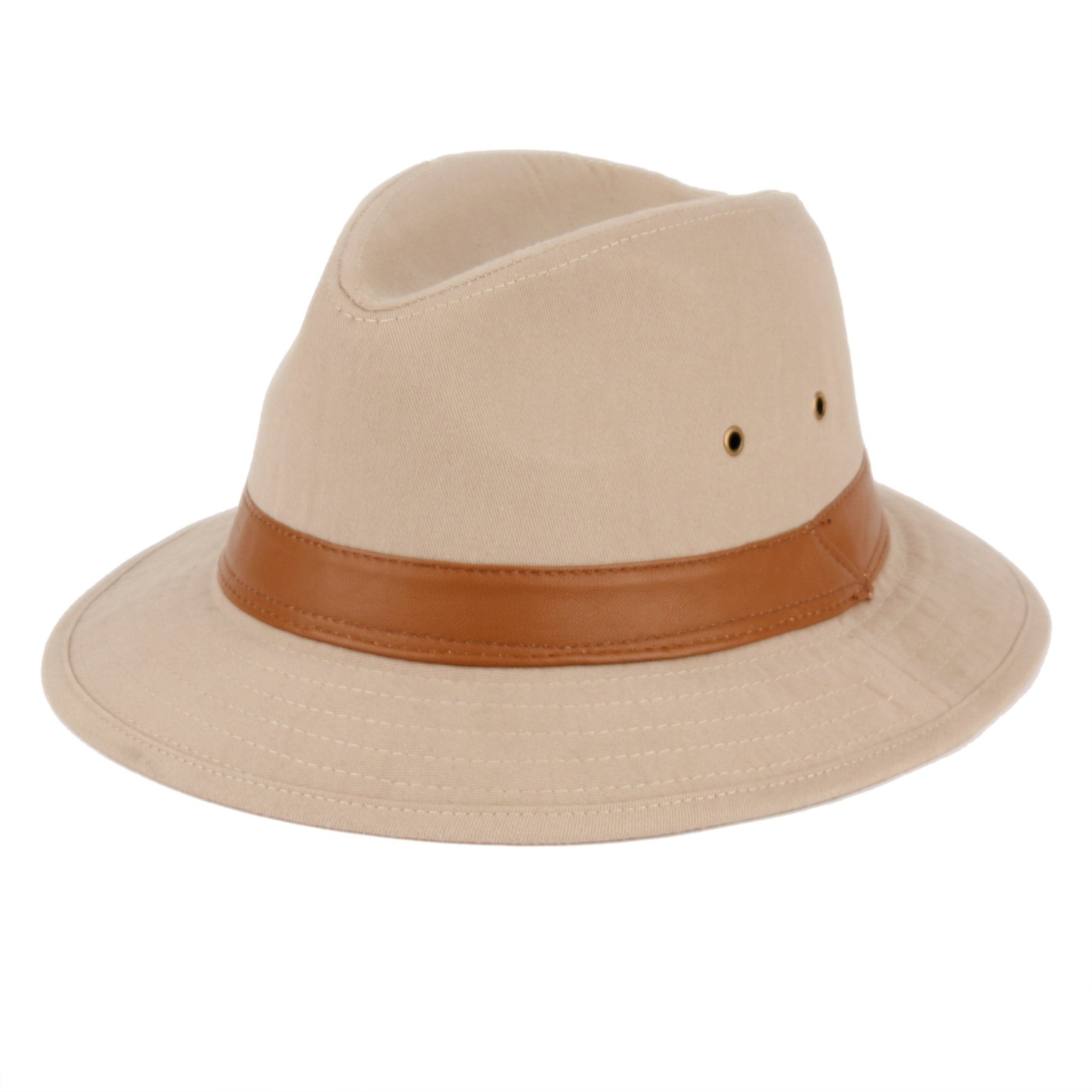 Men's One-Piece Canvas Faux Leather-Trim Safari Hat (L/XL, Khaki)