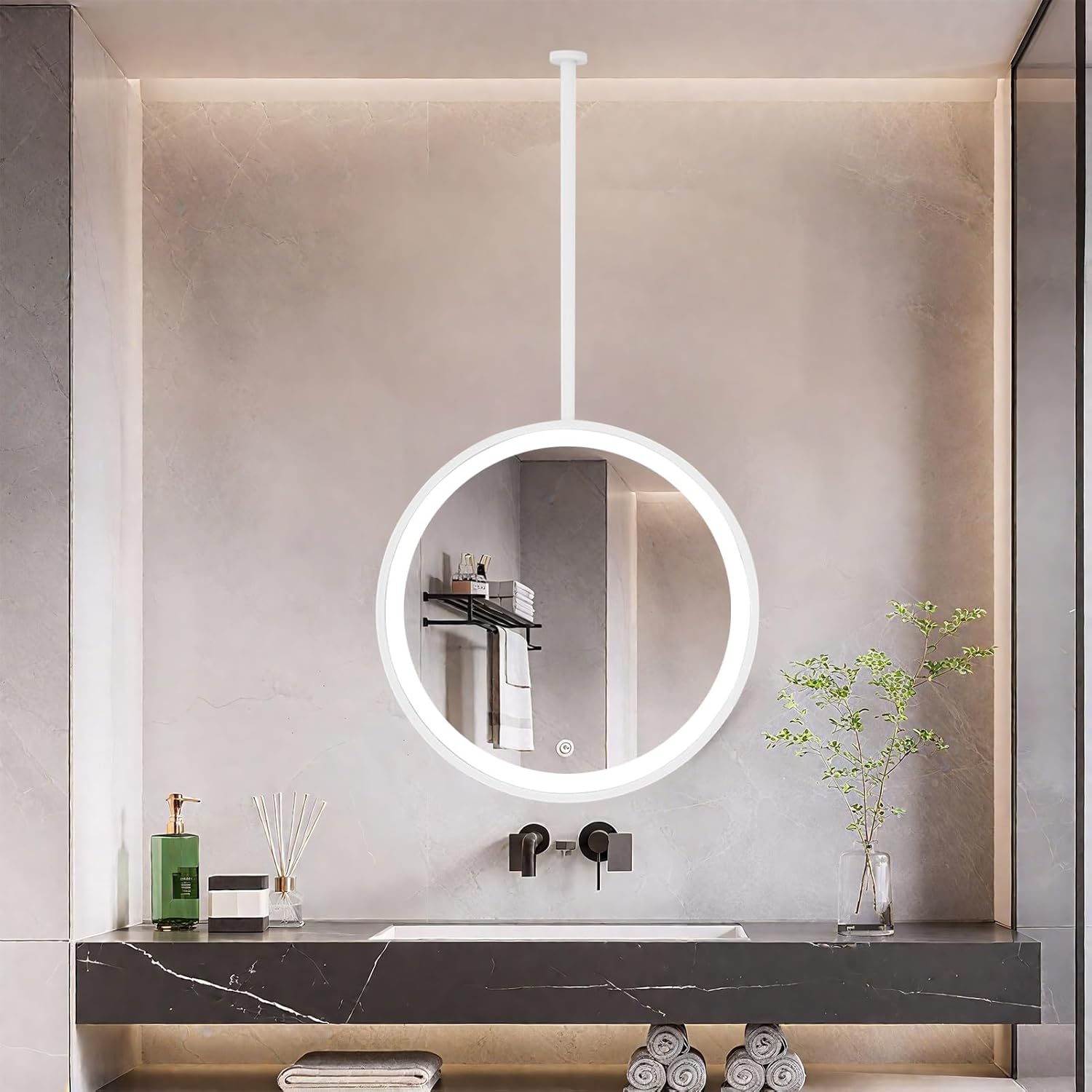 天井取り付け式バスルームミラー（LED付き）、ラウンド化粧台メイクアップミラー（3色調光ライト付き）、ホワイトメタルフレーム吊り下げ