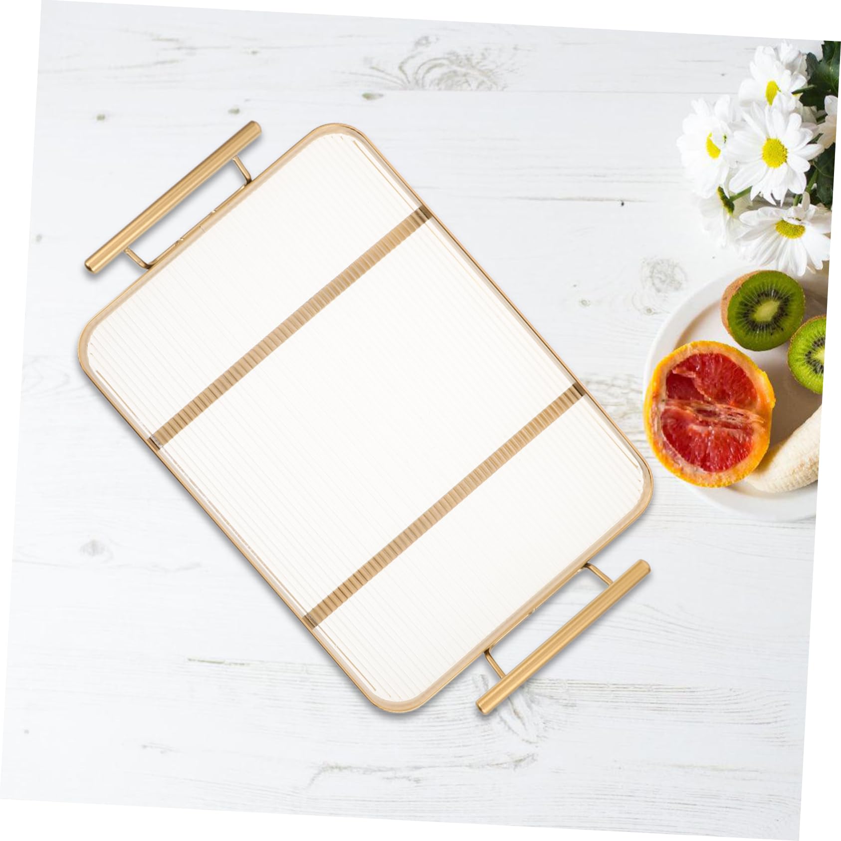 Bandeja Rectangular Acrílica Dorada con Asas, Elegante y Estable | Uso Multipropósito, Fácil de Limpiar, Patrón Horizontal Refinado, para Mesa de Comedor y Dormitorio