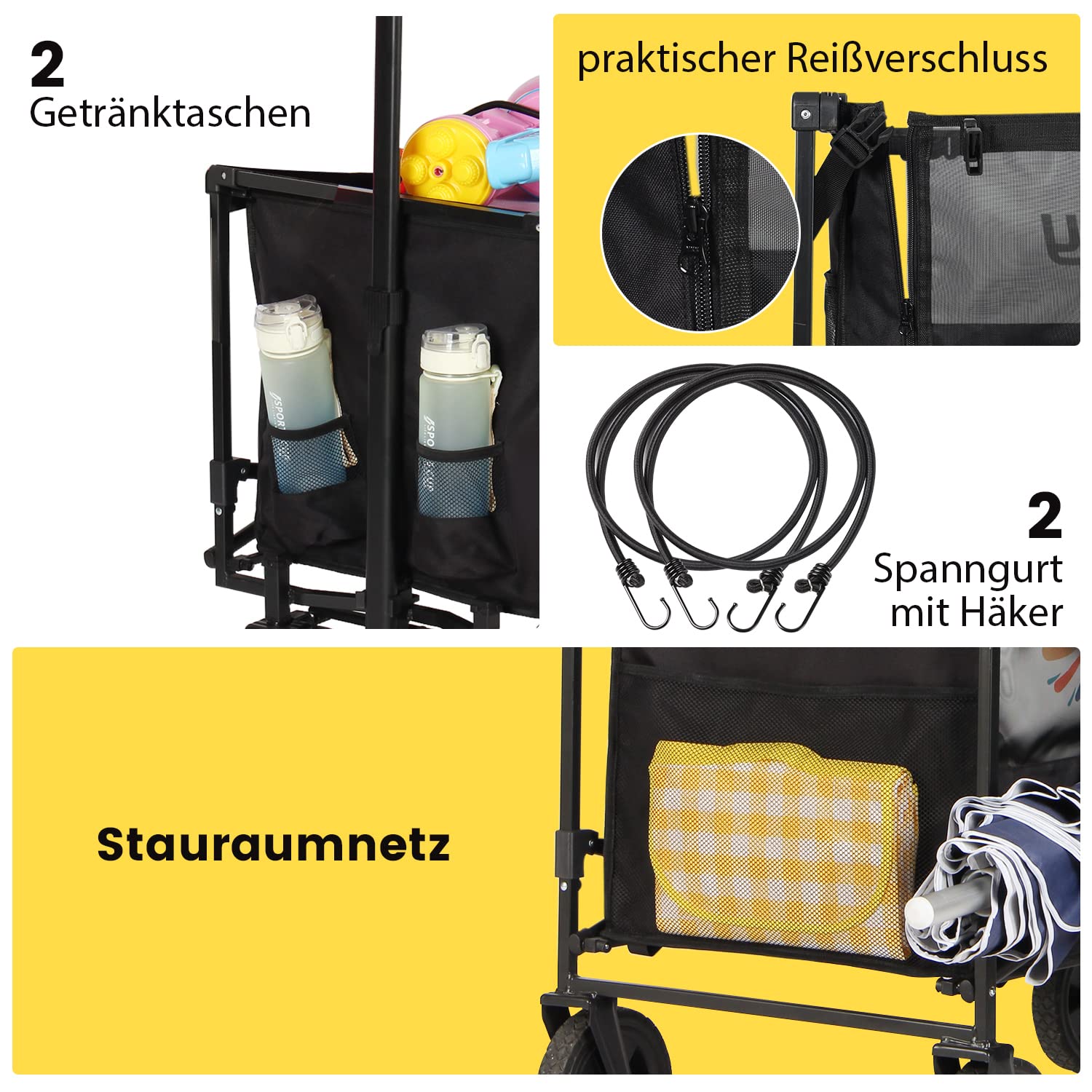 Sekey XXL Bollerwagen Faltbar 160L 100KG Belastbar, Faltbarer Bollerwagen Geländetauglich, Klappbarer Handwagen Strand Camping Einkaufen, XXL-Sieger 3011, Schwarz