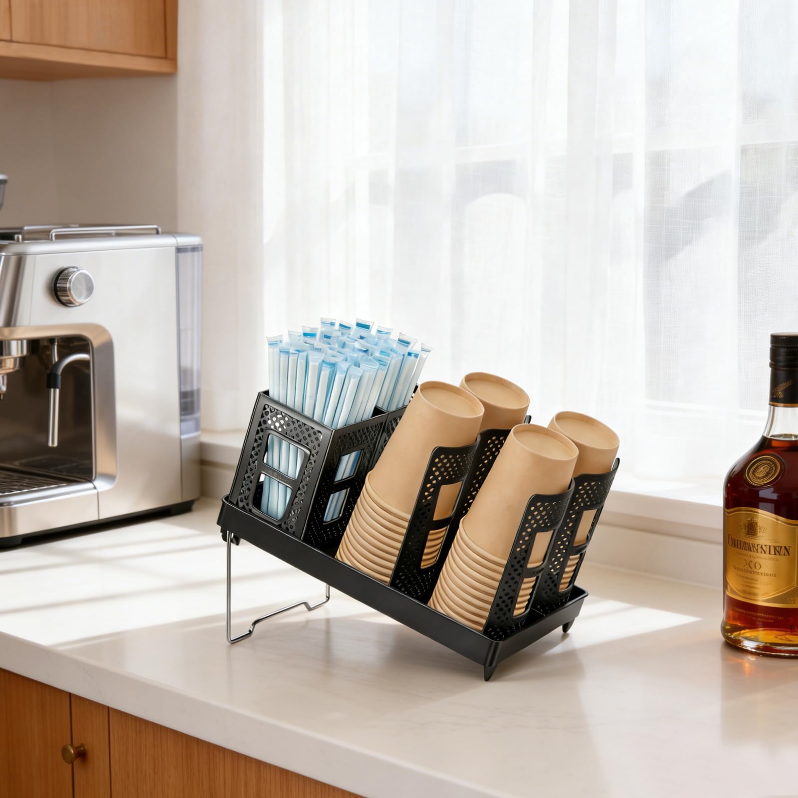 Tassen- und Deckelhalter, Kaffeebecherhalter mit Strohhalm-Aufbewahrungsbox, 6 Fächer Einweg Tassenspender, Einweg Kaffeetassen Organizer für Kaffeestation, Bar, Zuhause, Büro
