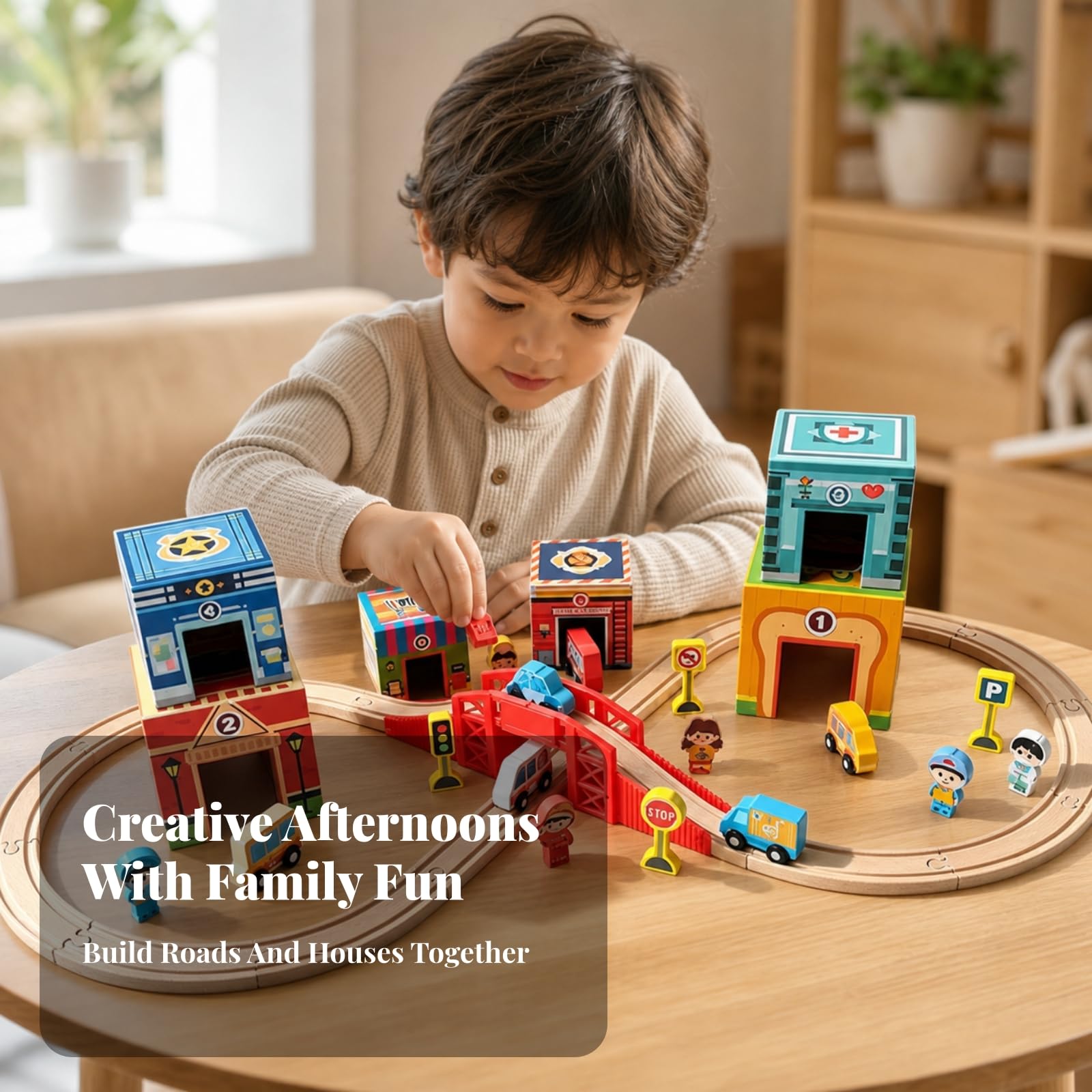 Set Juego Transporte para Apilar Compacto, Juguete Tráfico Apilable con Edificios Dibujados, Interactivo, Set Tráfico Infantil con Vehículos y Señales
