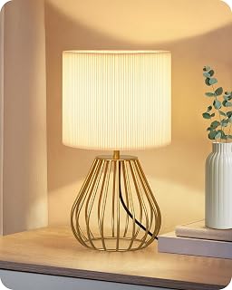 Gold Table Lamp with Pleated Lampshade, 12.6" Small Bedside Lamp